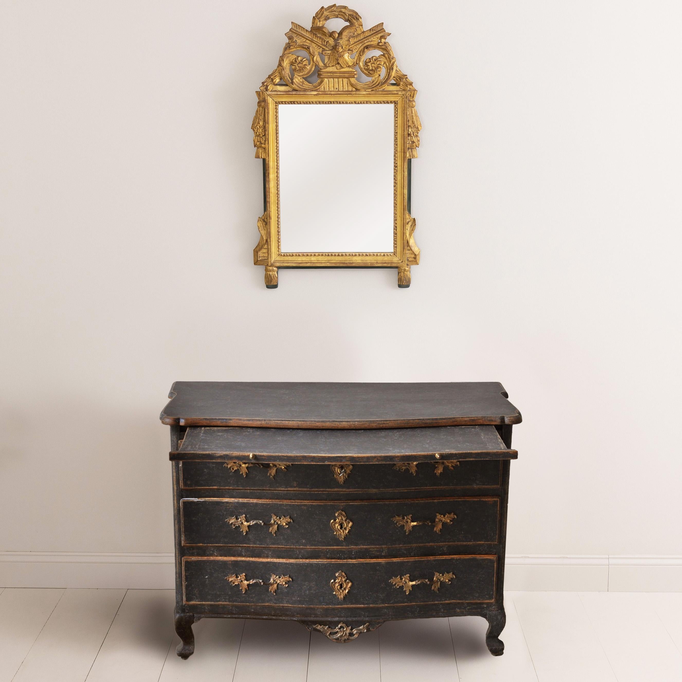 18th C. Swedish Rococo Period Black Painted Commode with Original Brass Hardware In Excellent Condition For Sale In Wichita, KS