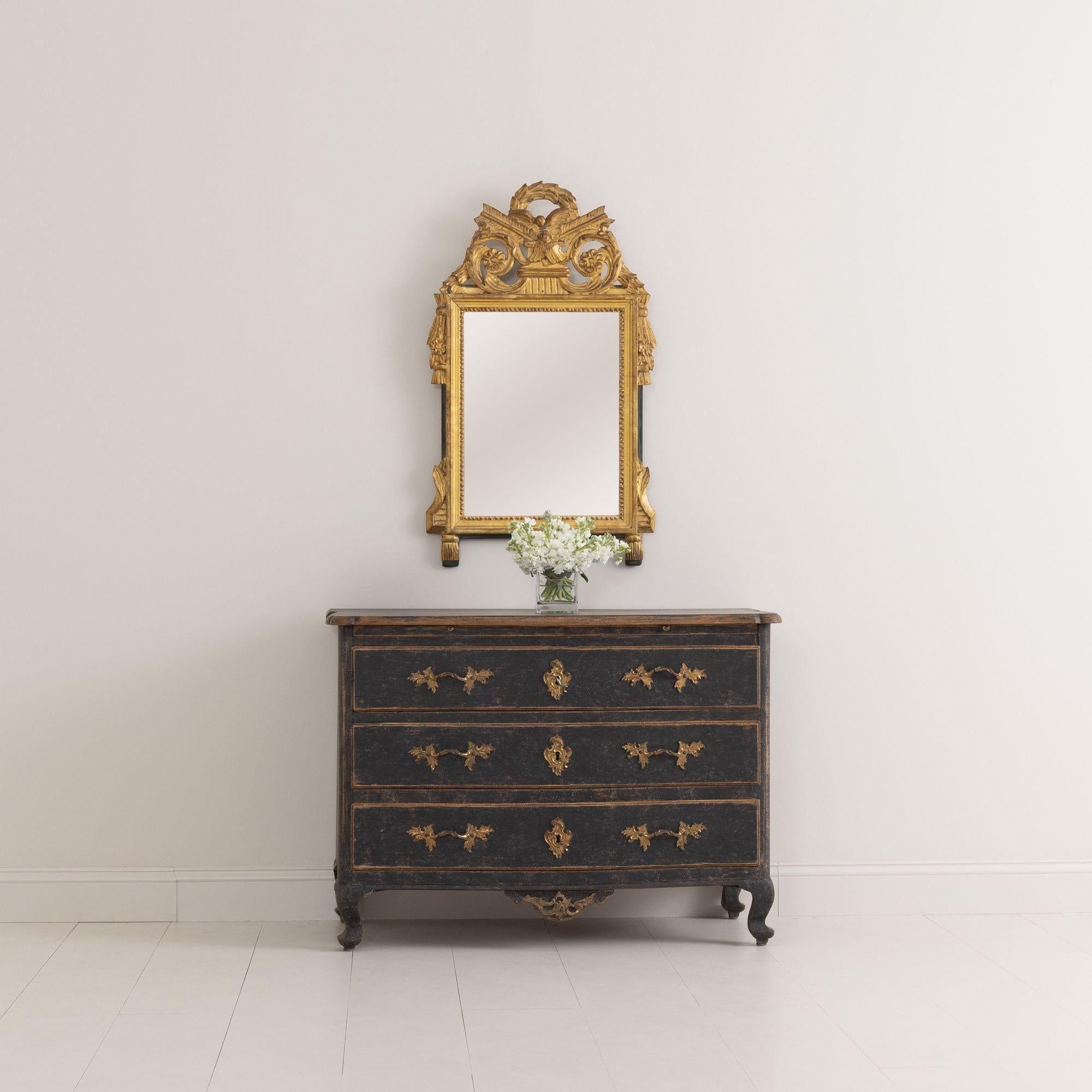 Hand-Carved 18th C. Swedish Rococo Period Black Painted Commode with Original Brass Hardware For Sale