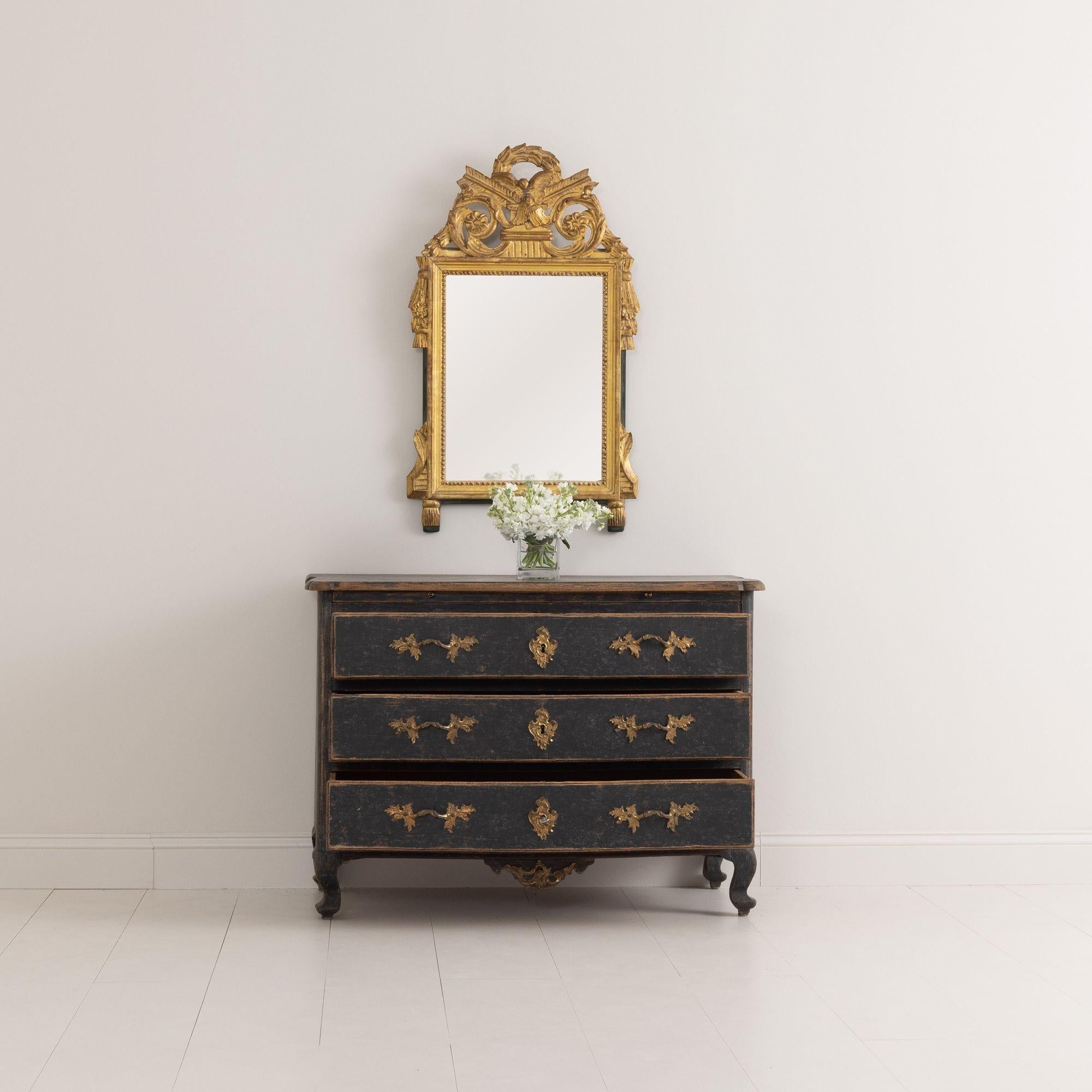 18th Century and Earlier 18th C. Swedish Rococo Period Black Painted Commode with Original Brass Hardware For Sale