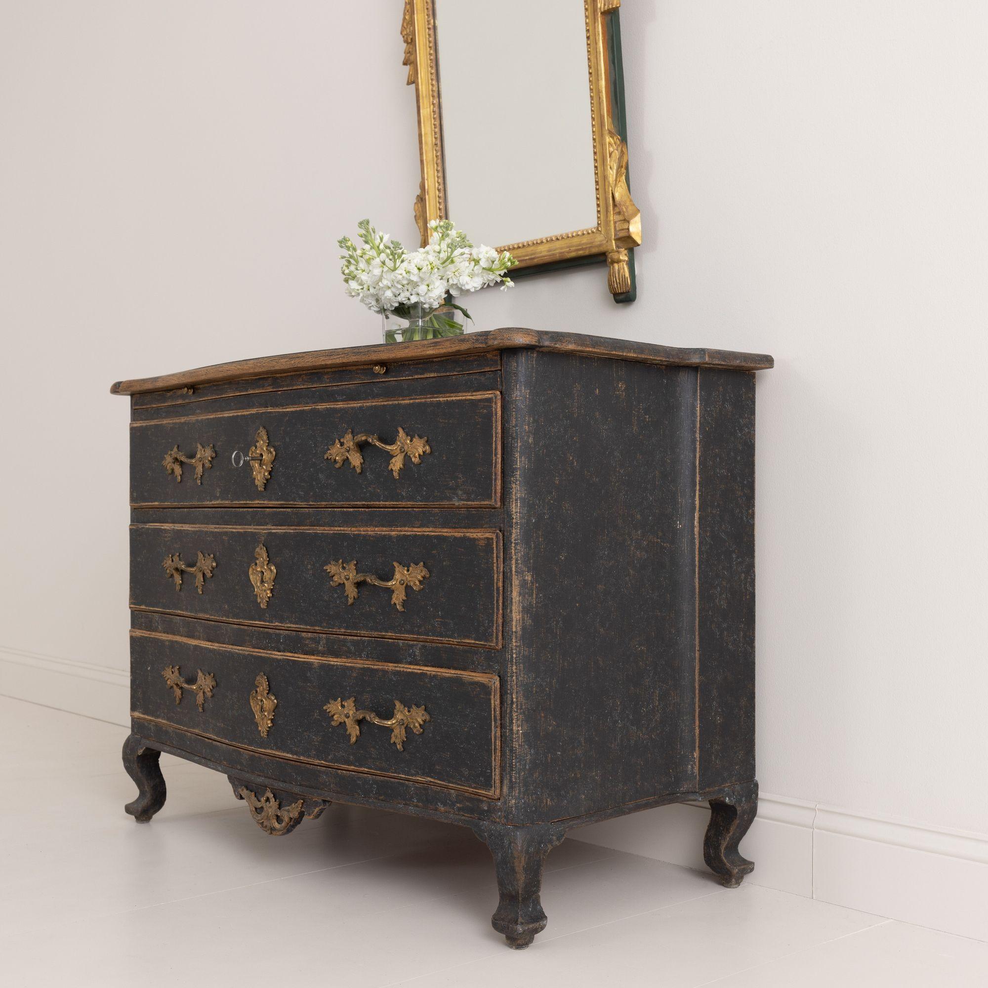 18th C. Swedish Rococo Period Black Painted Commode with Original Brass Hardware For Sale 1