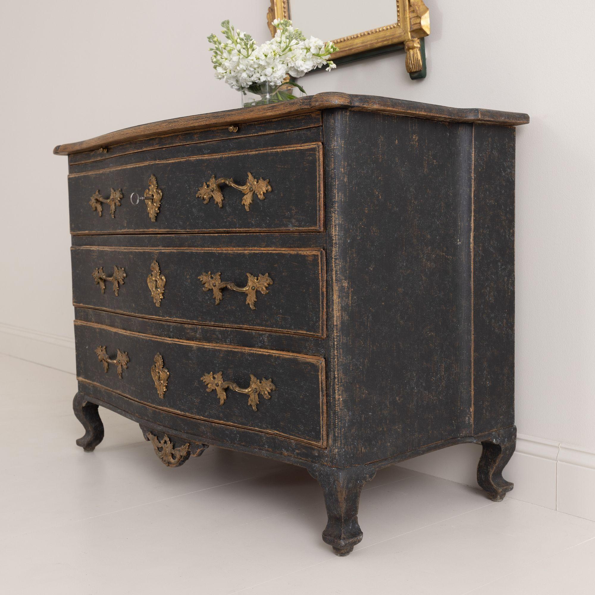 18th C. Swedish Rococo Period Black Painted Commode with Original Brass Hardware For Sale 2