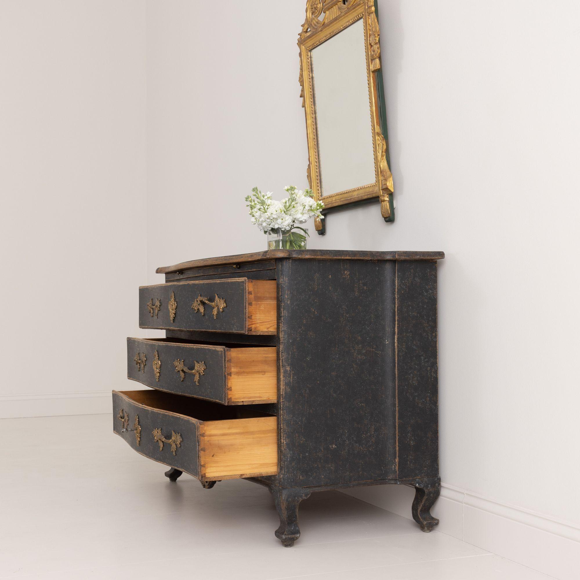 18th C. Swedish Rococo Period Black Painted Commode with Original Brass Hardware For Sale 4