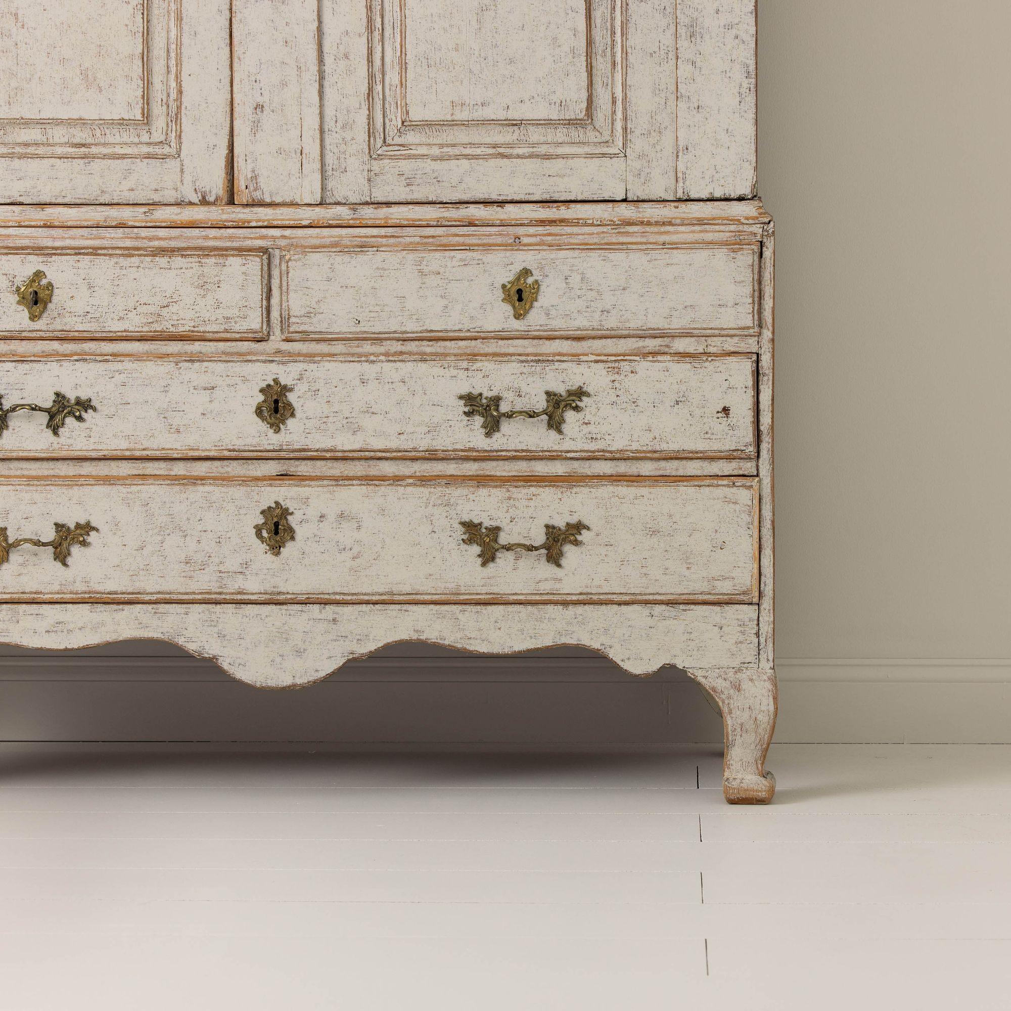 Brass 18th c. Swedish Rococo Period Painted Linen Press For Sale