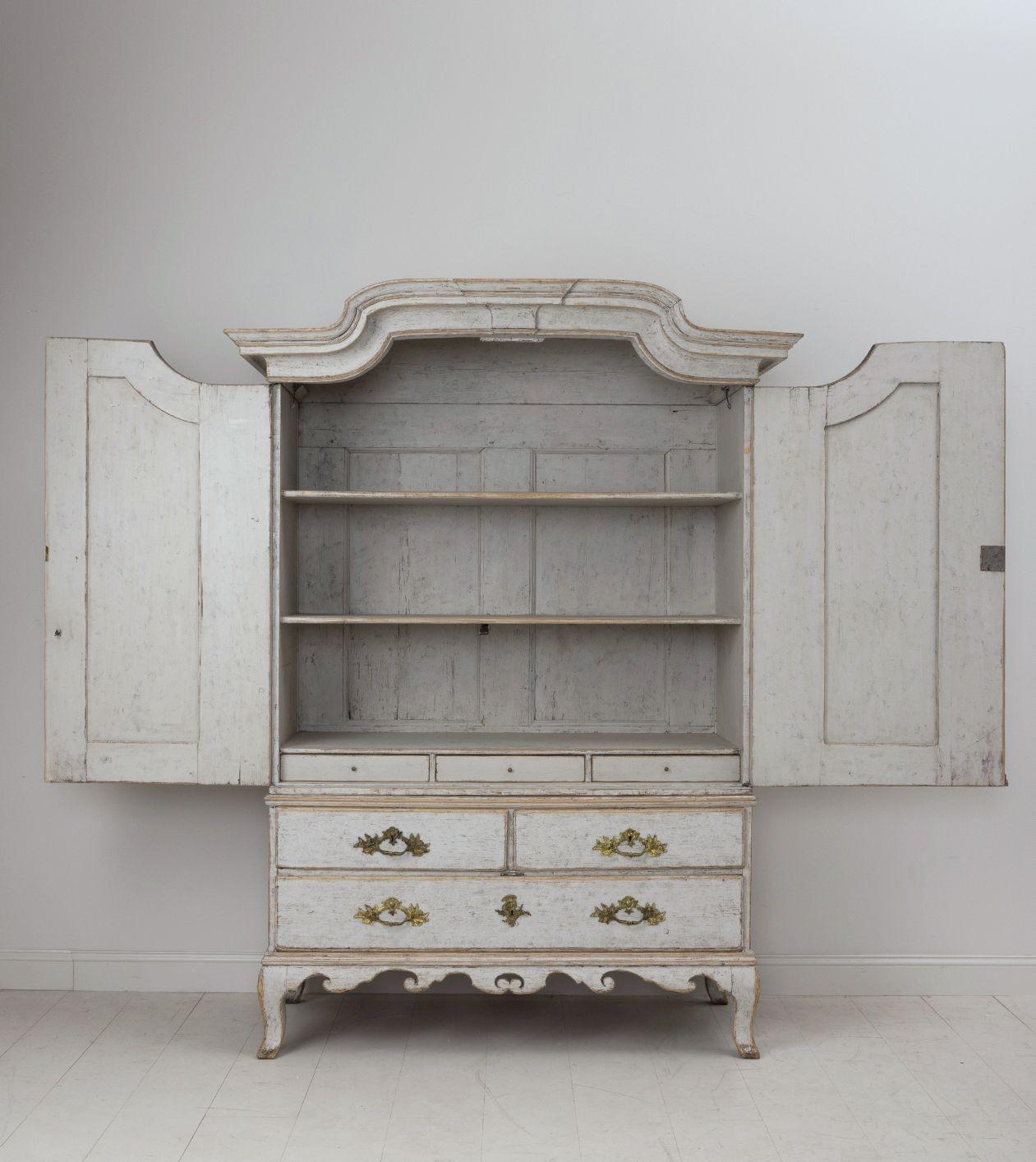 18th Century and Earlier Swedish Two-Part Painted Linen Press Cabinet, 18th c. Rococo Period