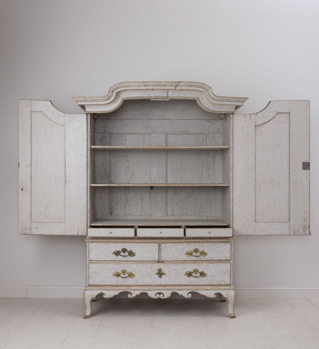 Wood Swedish Two-Part Painted Linen Press Cabinet, 18th c. Rococo Period