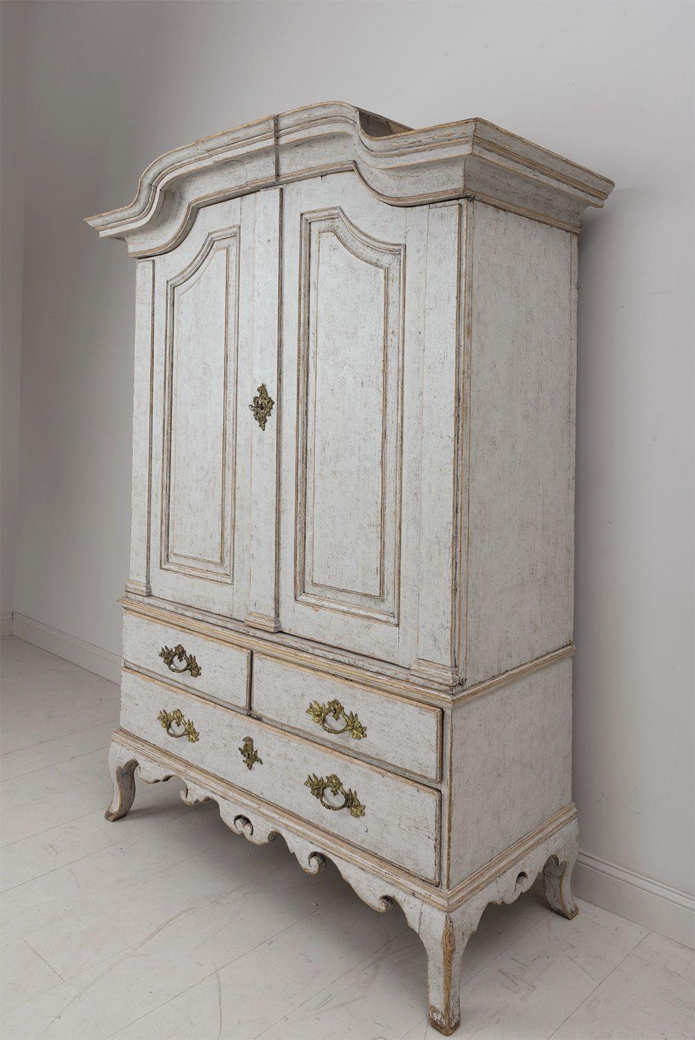 Swedish Two-Part Painted Linen Press Cabinet, 18th c. Rococo Period 1