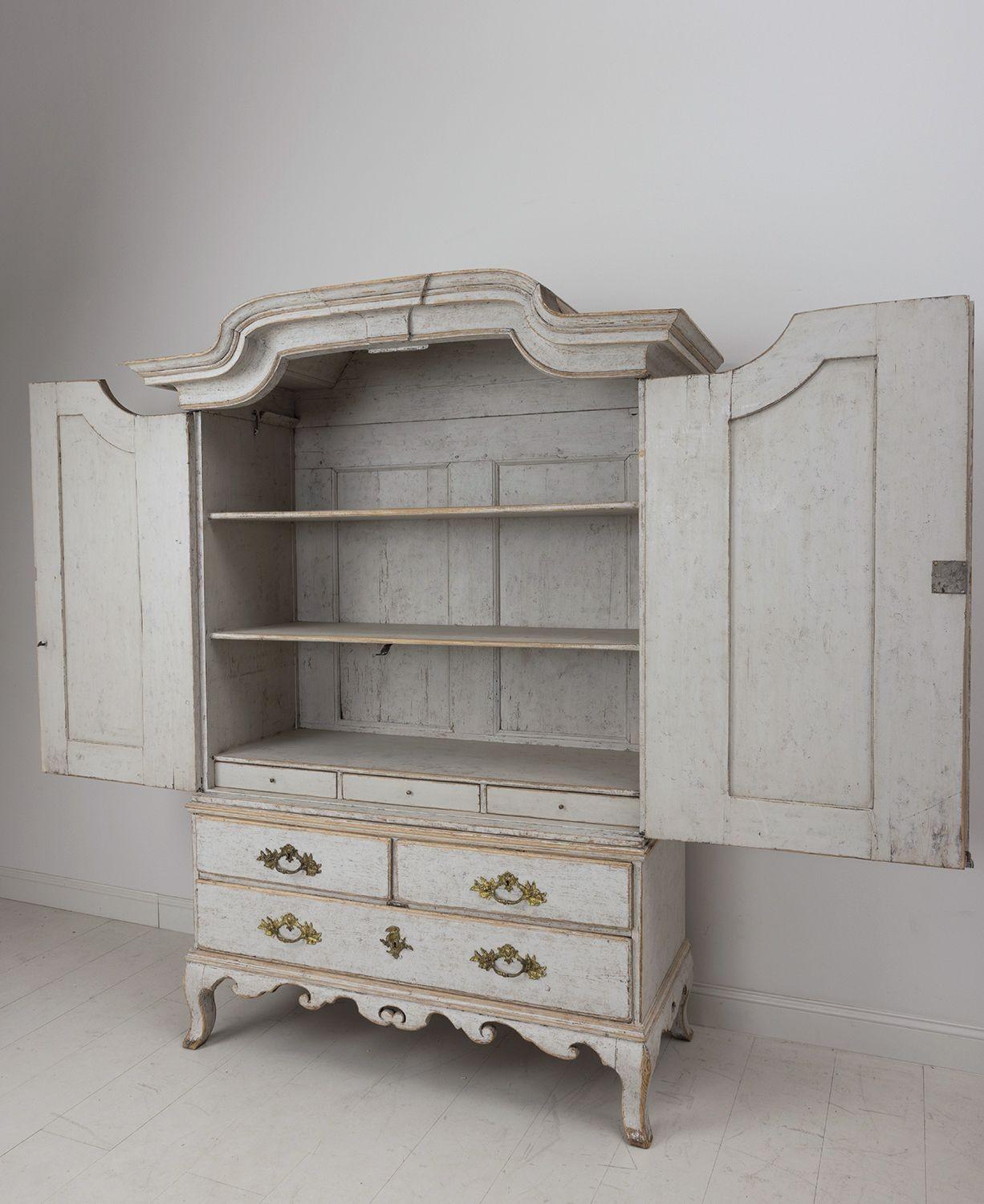 Swedish Two-Part Painted Linen Press Cabinet, 18th c. Rococo Period 2