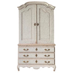18th C. Swedish Rococo Period Two-Part Painted Linen Press Cabinet