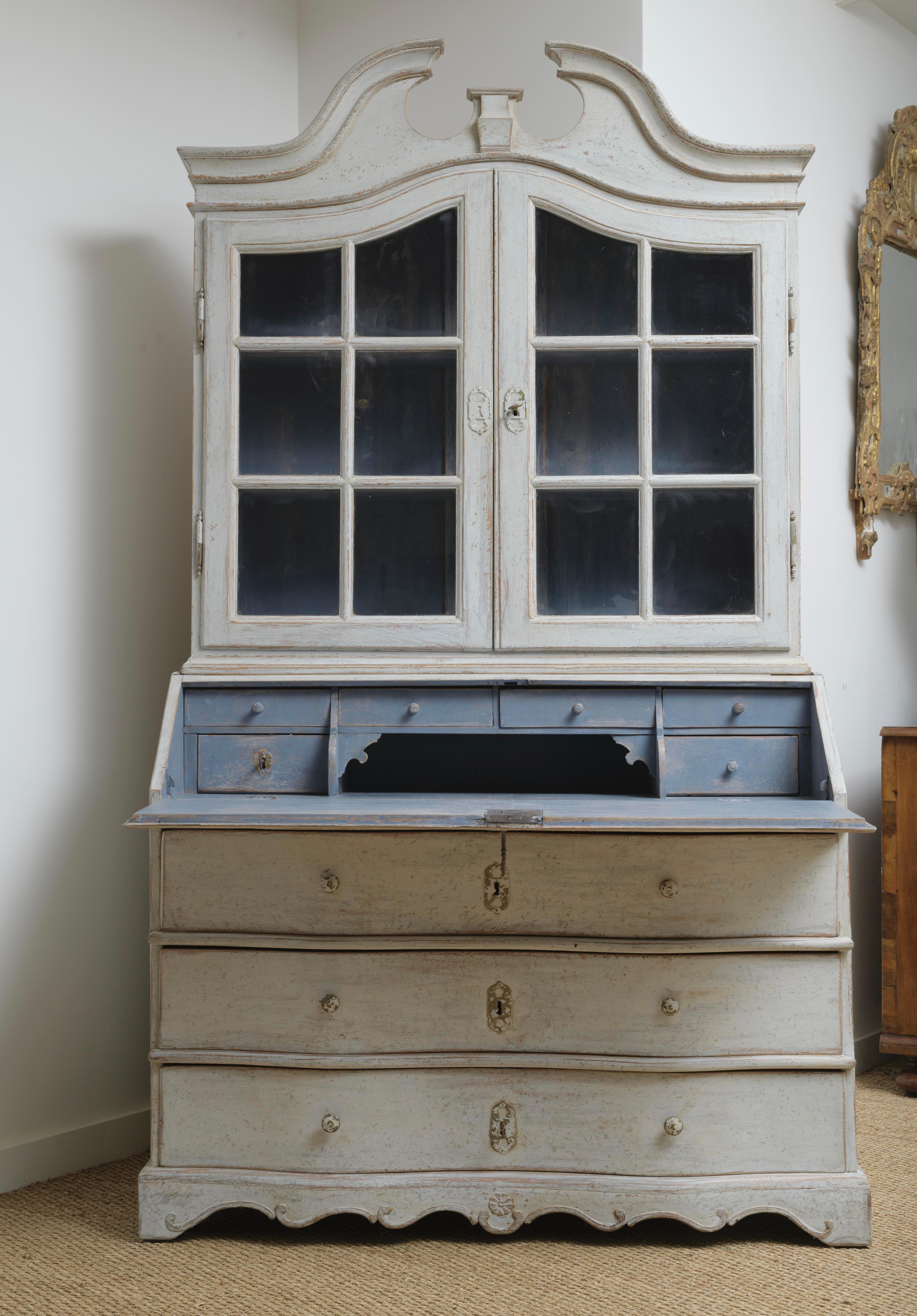 Hand-Painted 18th C. Swedish Rococo Period Two-Part Painted Secretary with Library For Sale