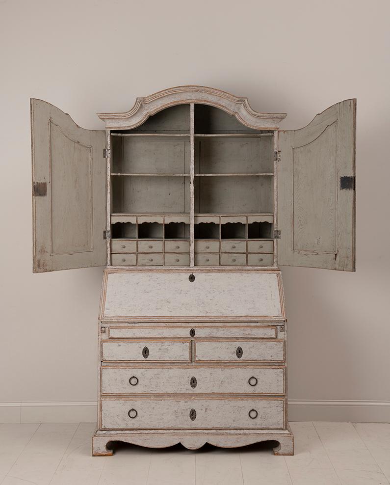 18th Century and Earlier 18th C. Swedish Rococo Period Two-Part Painted Secretary with Library