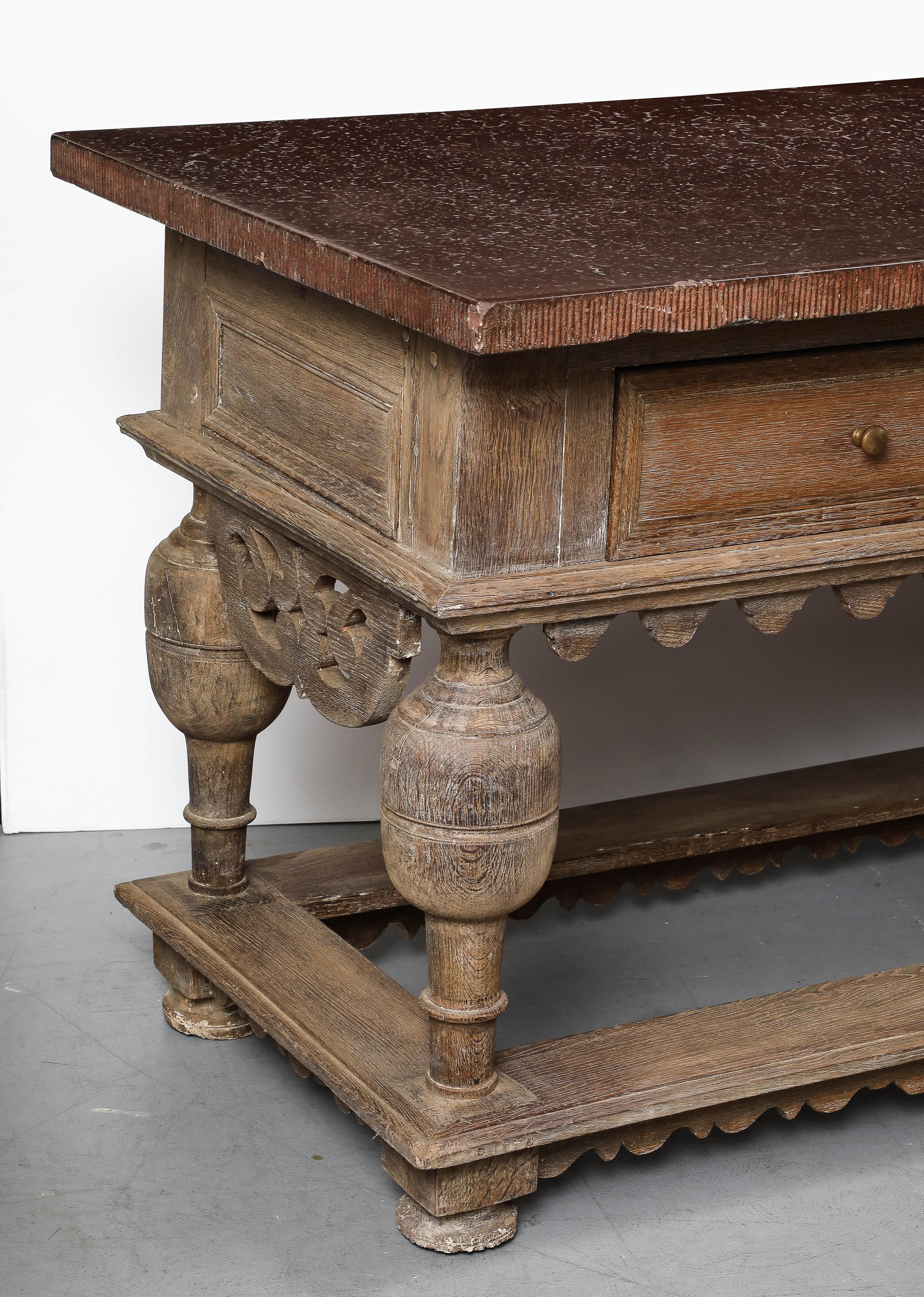 18th C. Swedish Stone Top Oak Console Table, Detailed edge, 1702 For Sale 7