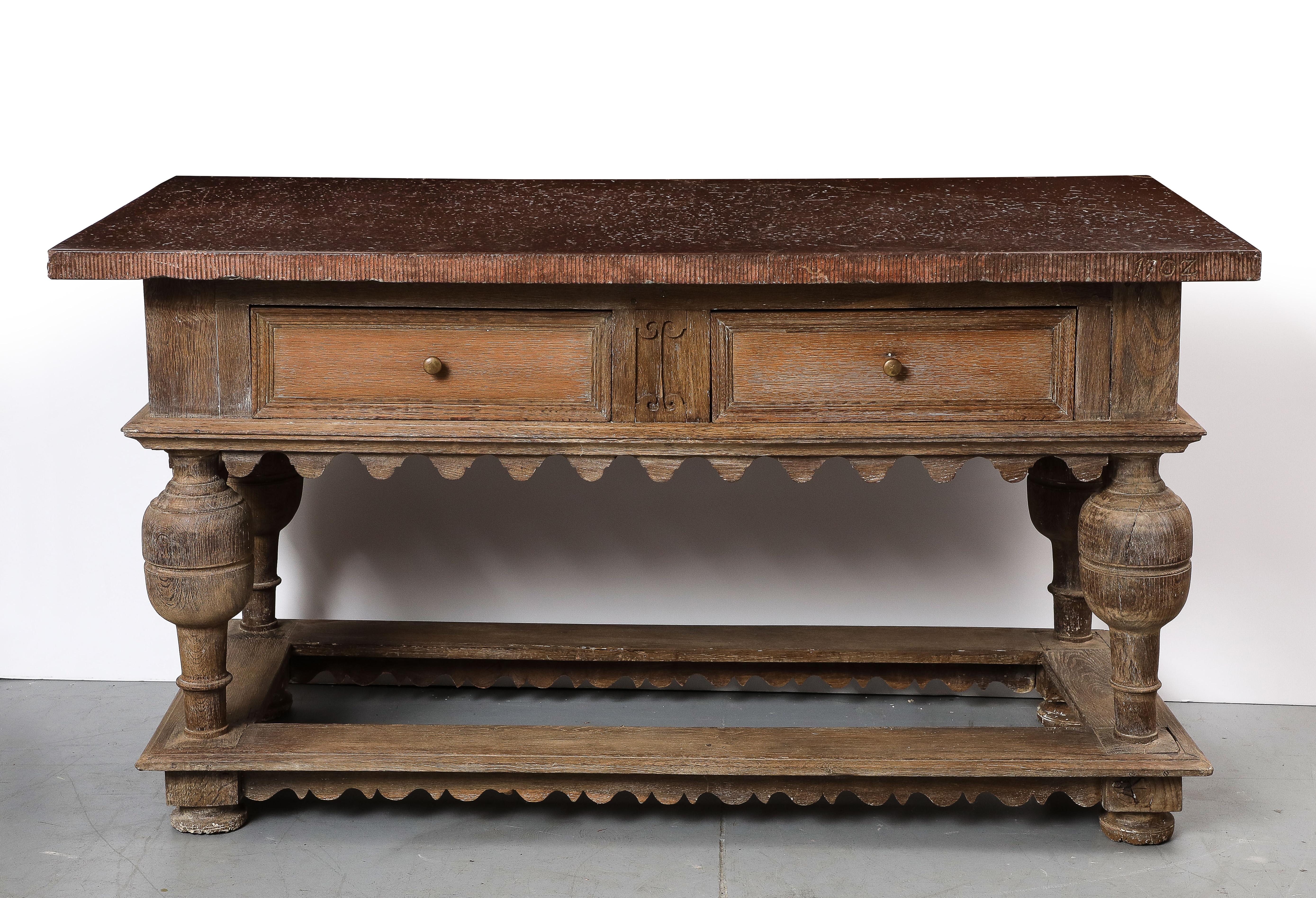 Baroque 18th C. Swedish Stone Top Oak Console Table, Detailed edge, 1702 For Sale