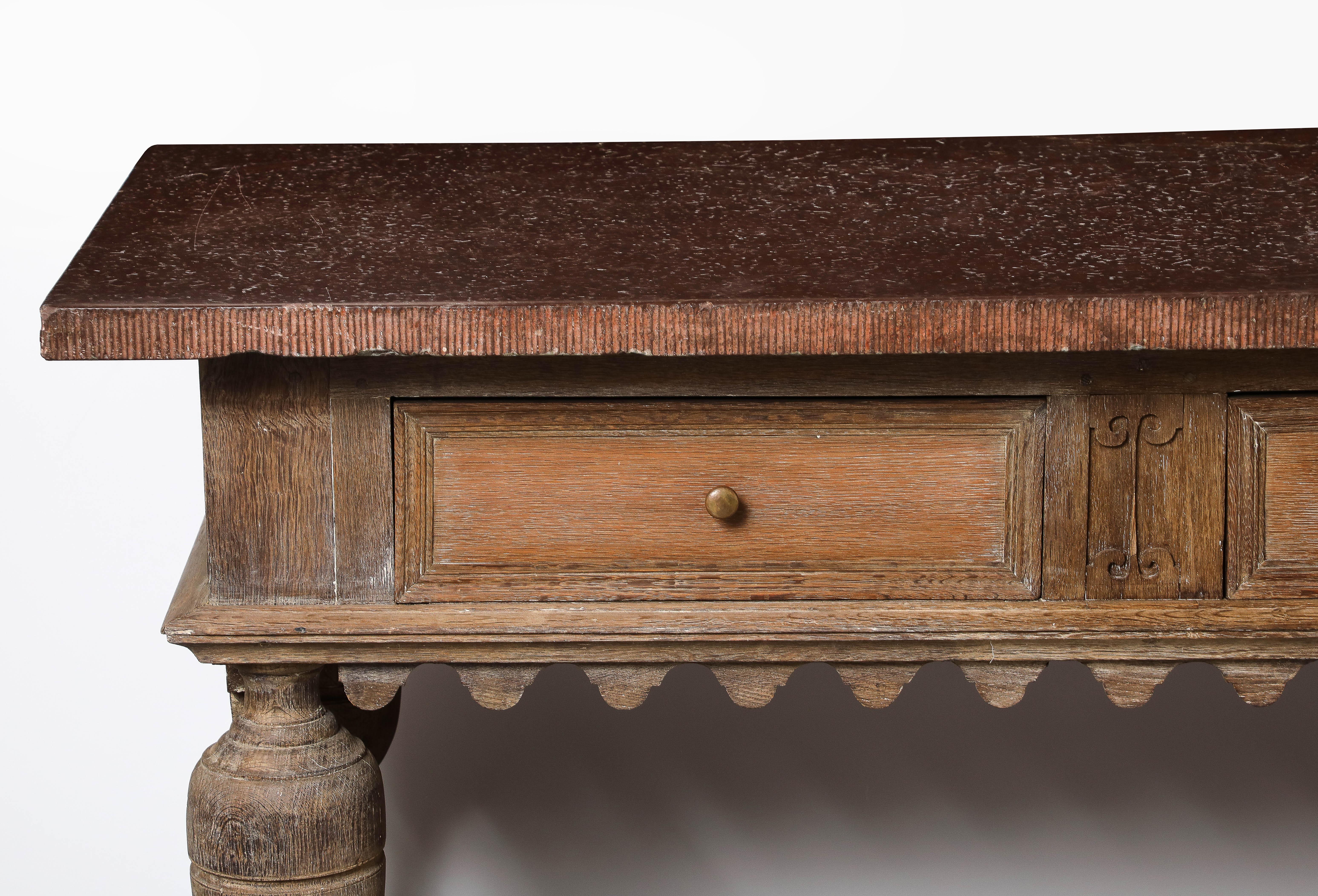 18th C. Swedish Stone Top Oak Console Table, Detailed edge, 1702 In Good Condition For Sale In Brooklyn, NY