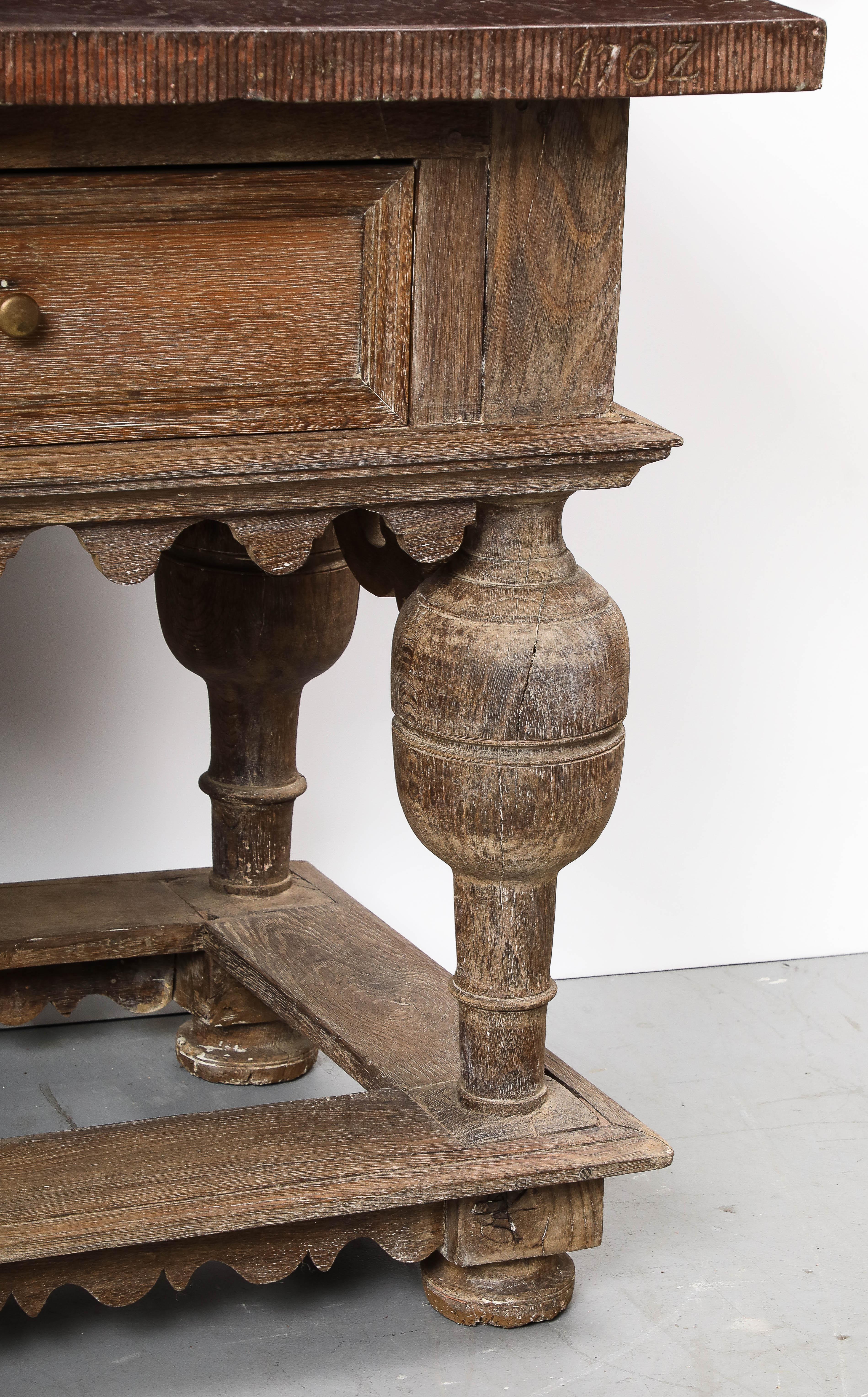 18th C. Swedish Stone Top Oak Console Table, Detailed edge, 1702 For Sale 1