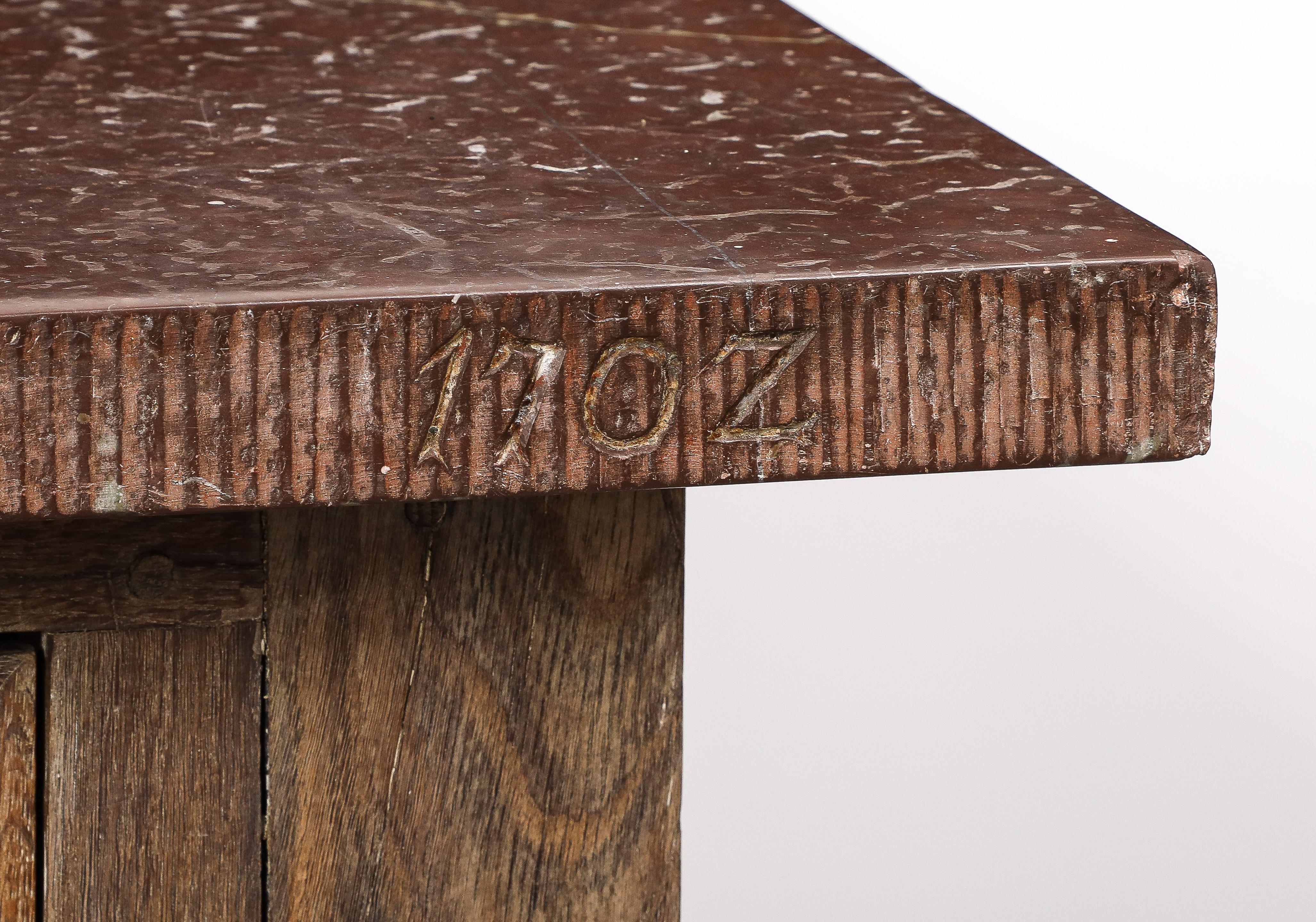 18th C. Swedish Stone Top Oak Console Table, Detailed edge, 1702 For Sale 3