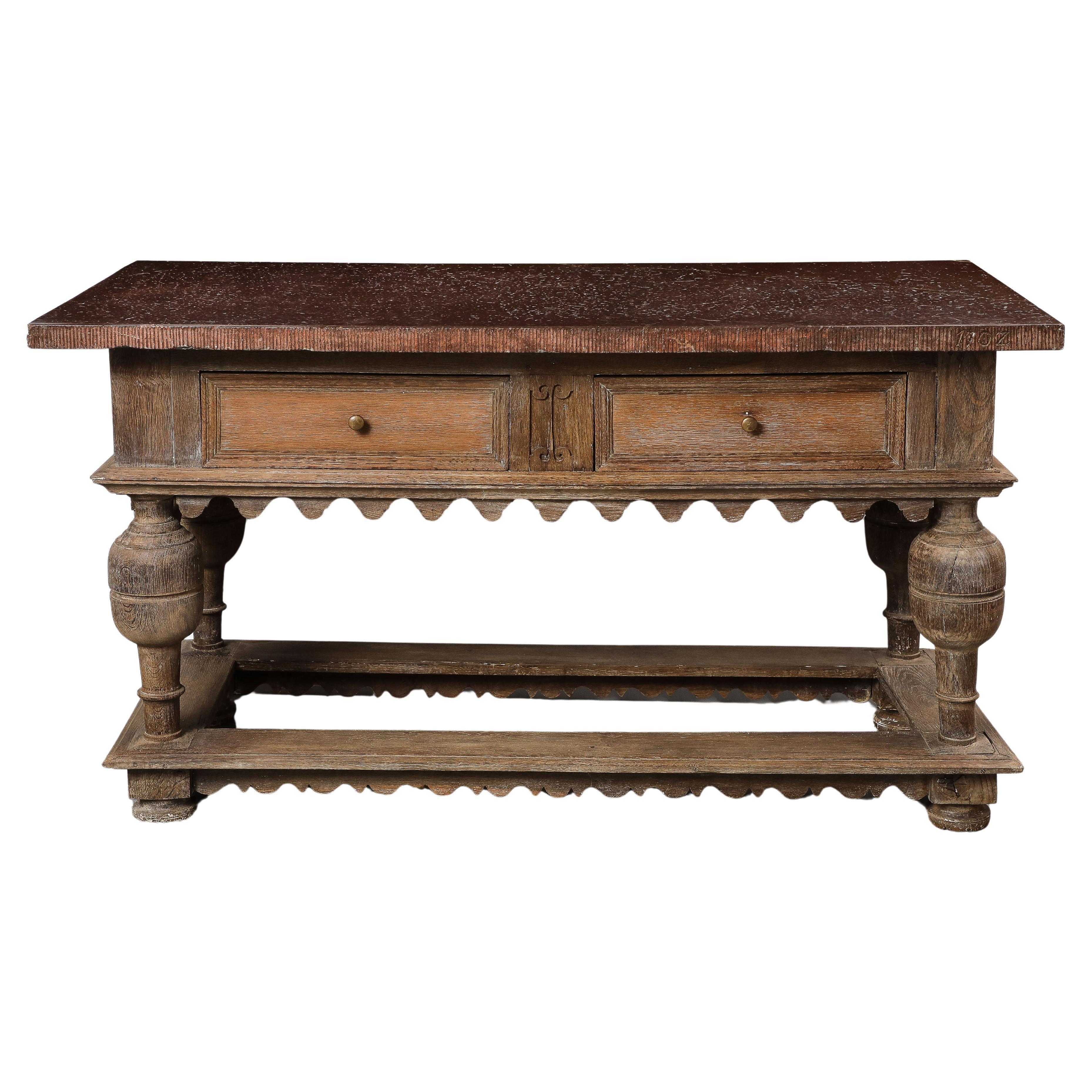 18th C. Swedish Stone Top Oak Console Table, Detailed edge, 1702