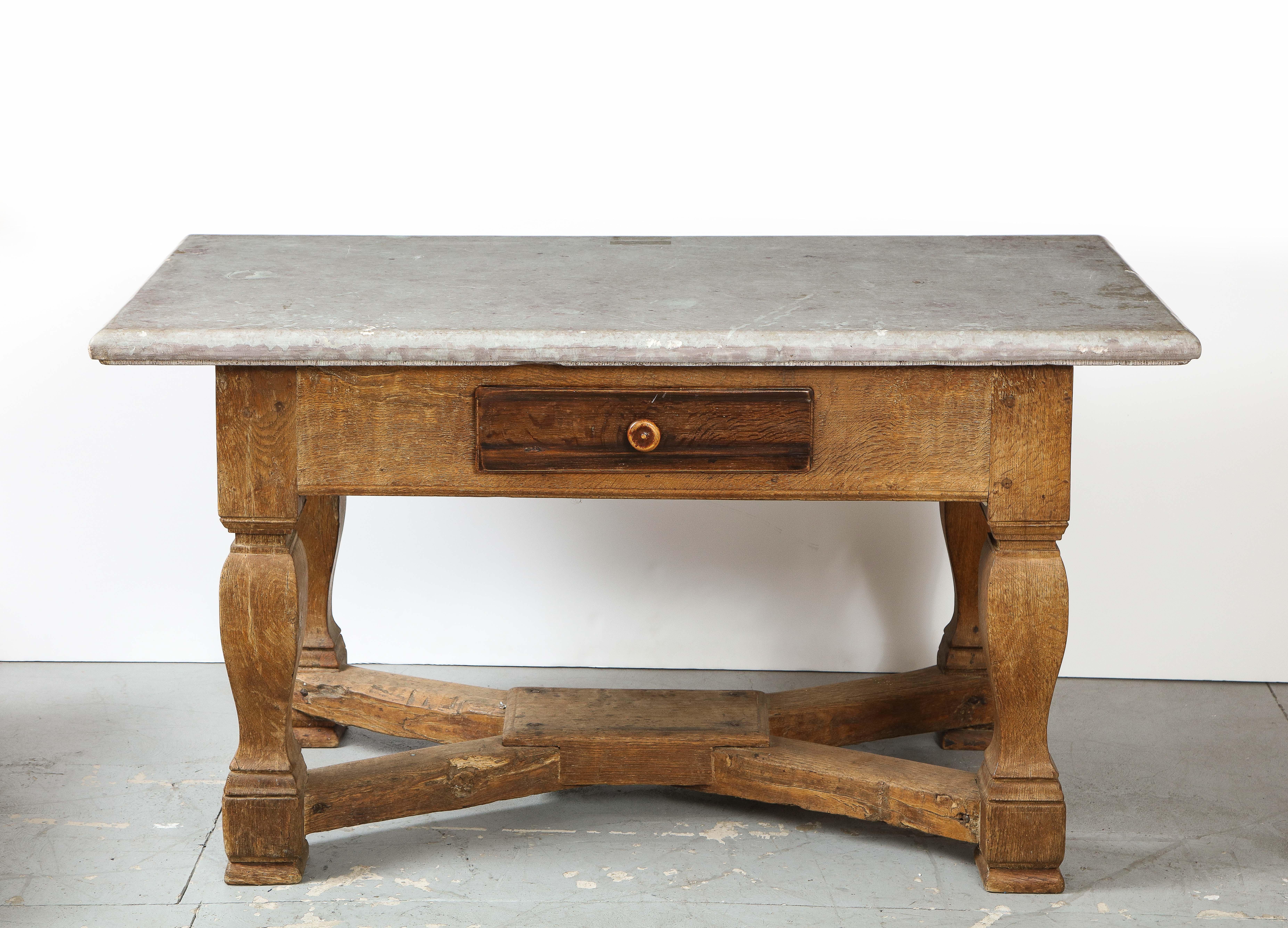 18th C. Swedish Hewn Stone Top & Oak Stretcher Base Table with Drawer
H: 31-3/4 D: 28.75 W: 58 in.   *original stone with excellent patina to stone & base