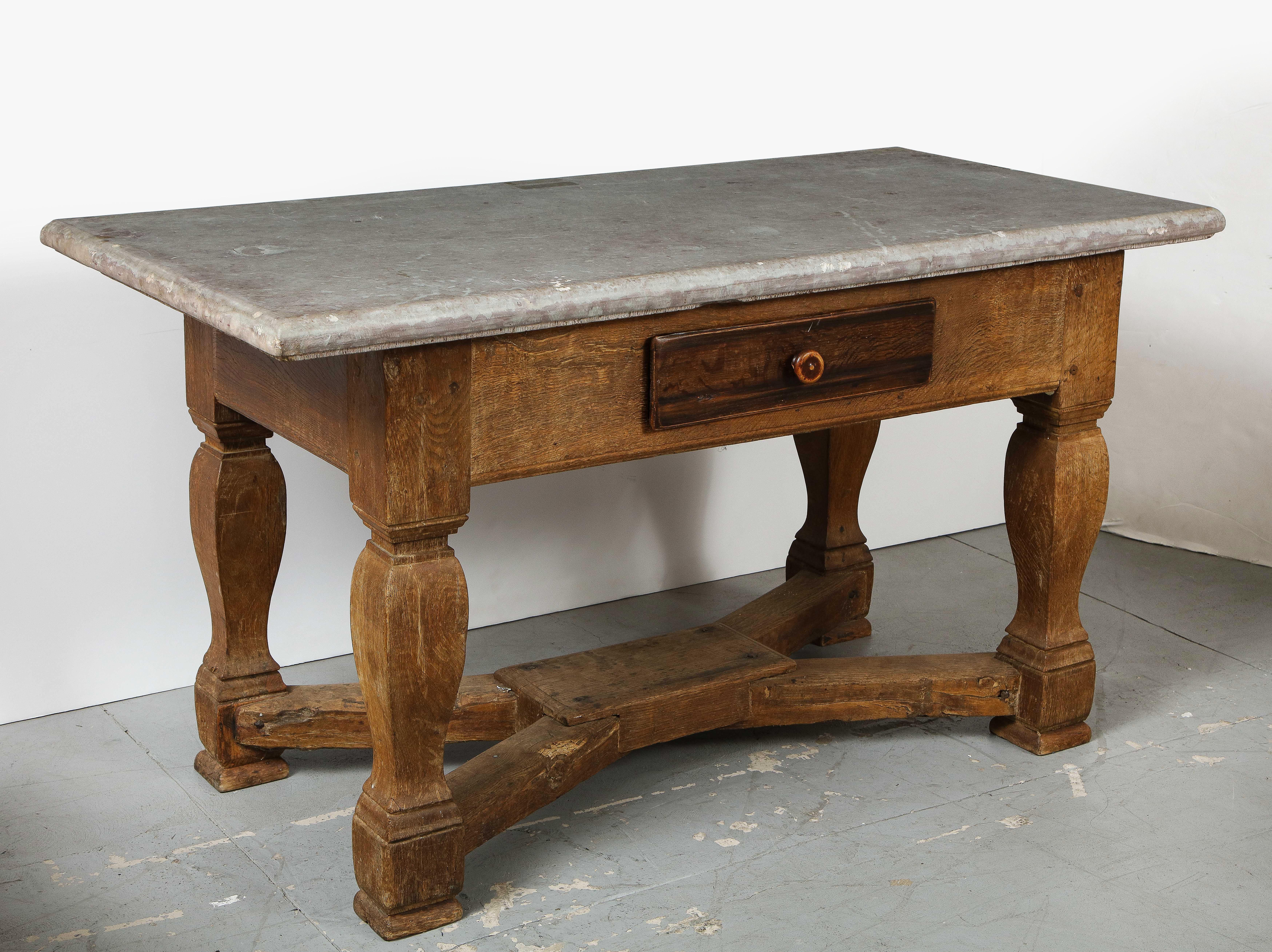  18th C. Swedish Stone Top Table w/ Drawer & Oak Stretcher Base, Sweden, c. 1750 1