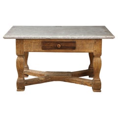  18th C. Swedish Stone Top Table w/ Drawer & Oak Stretcher Base, Sweden, c. 1750