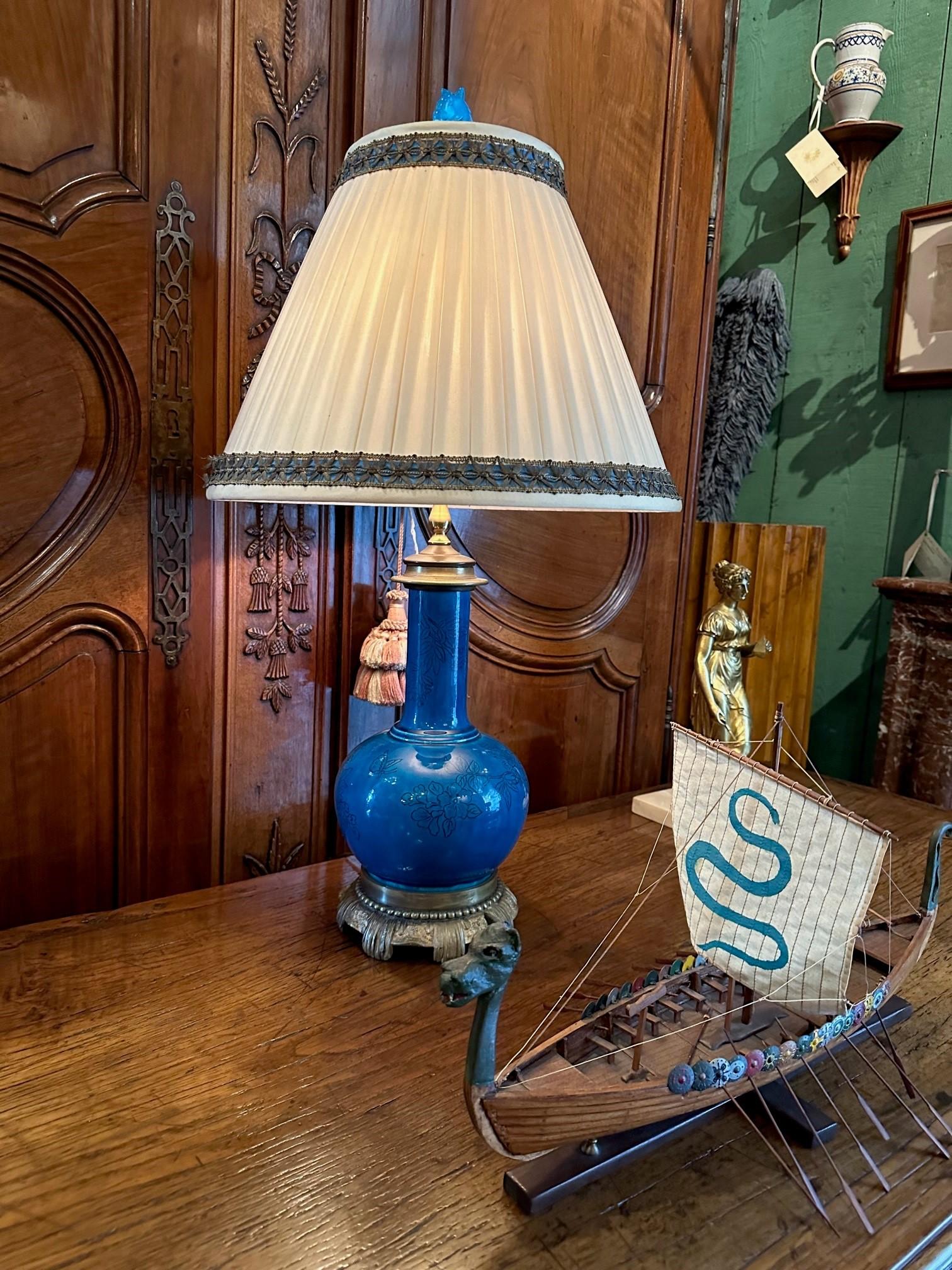 European 18th C. Table Lamp Ceramic Baluster Chinese blue Vase & Shade Finial Antiques LA For Sale