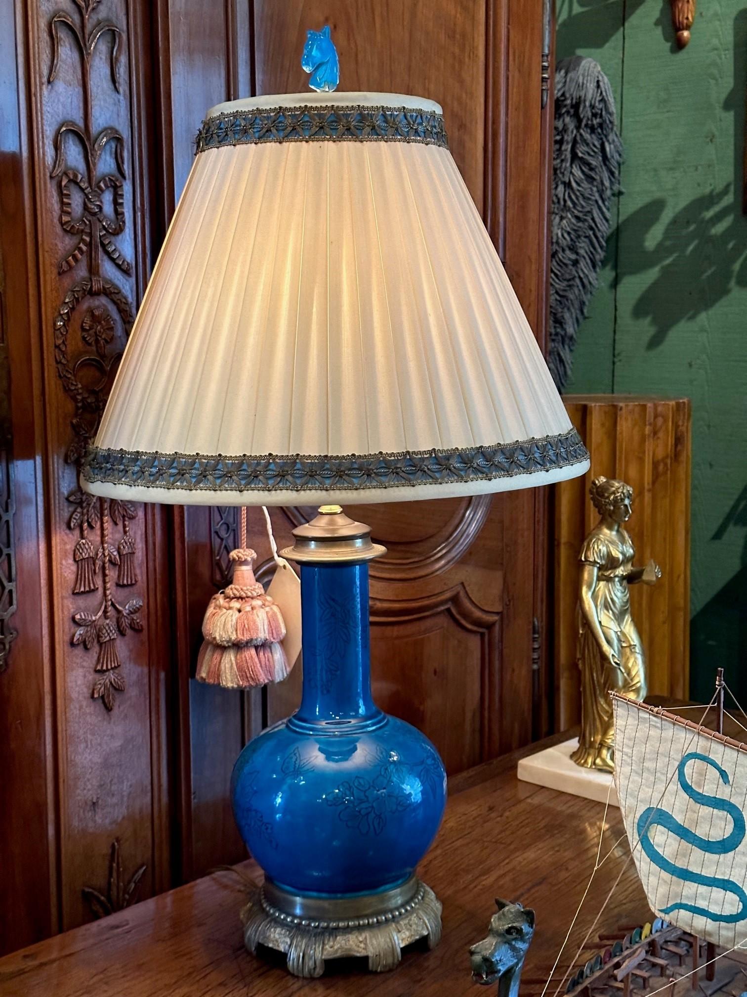 18th C. Table Lamp Ceramic Baluster Chinese blue Vase & Shade Finial Antiques LA In Good Condition For Sale In West Hollywood, CA