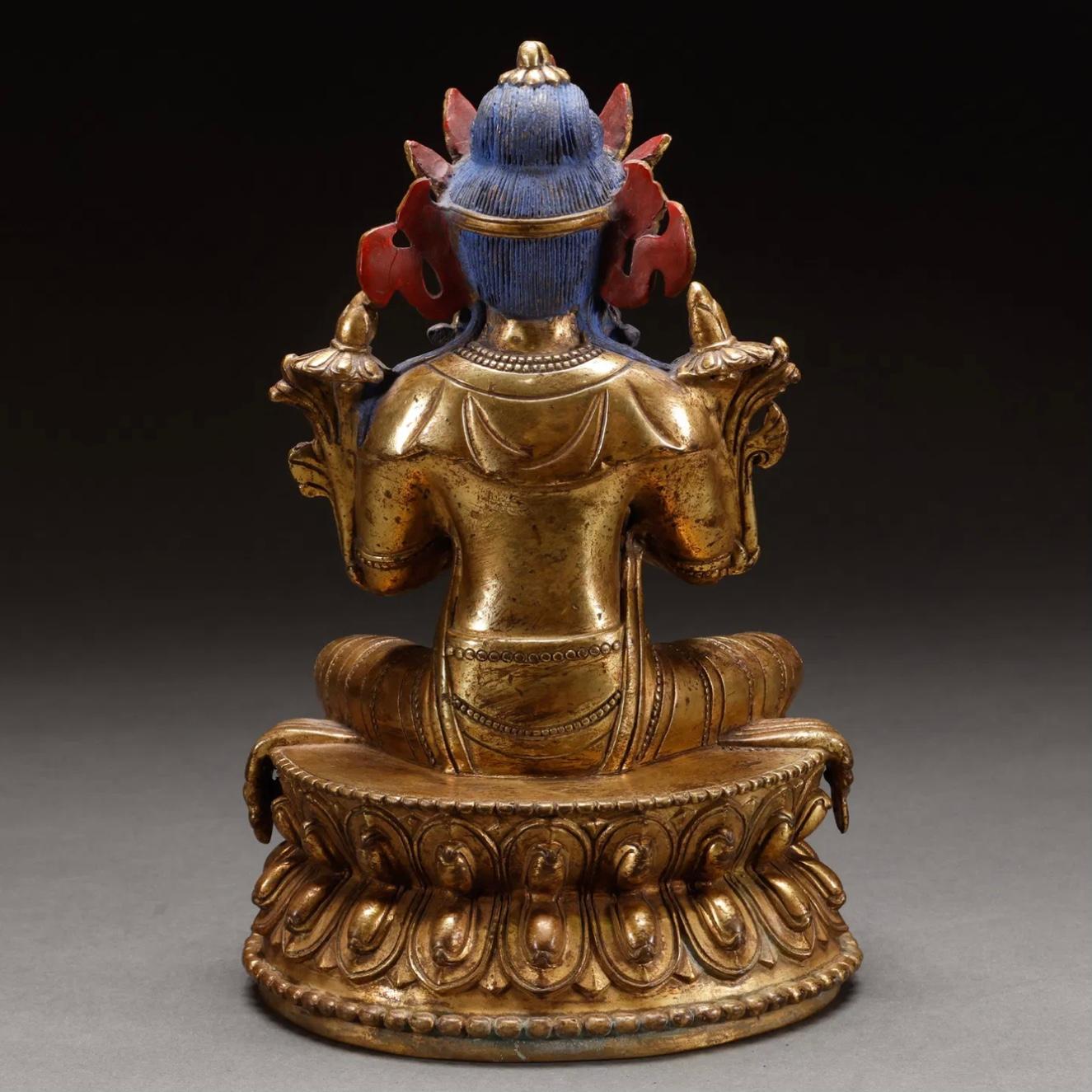 Estatua tibetana de Buda de Tara verde, bronce dorado, s. XVIII finales del siglo XVIII en venta