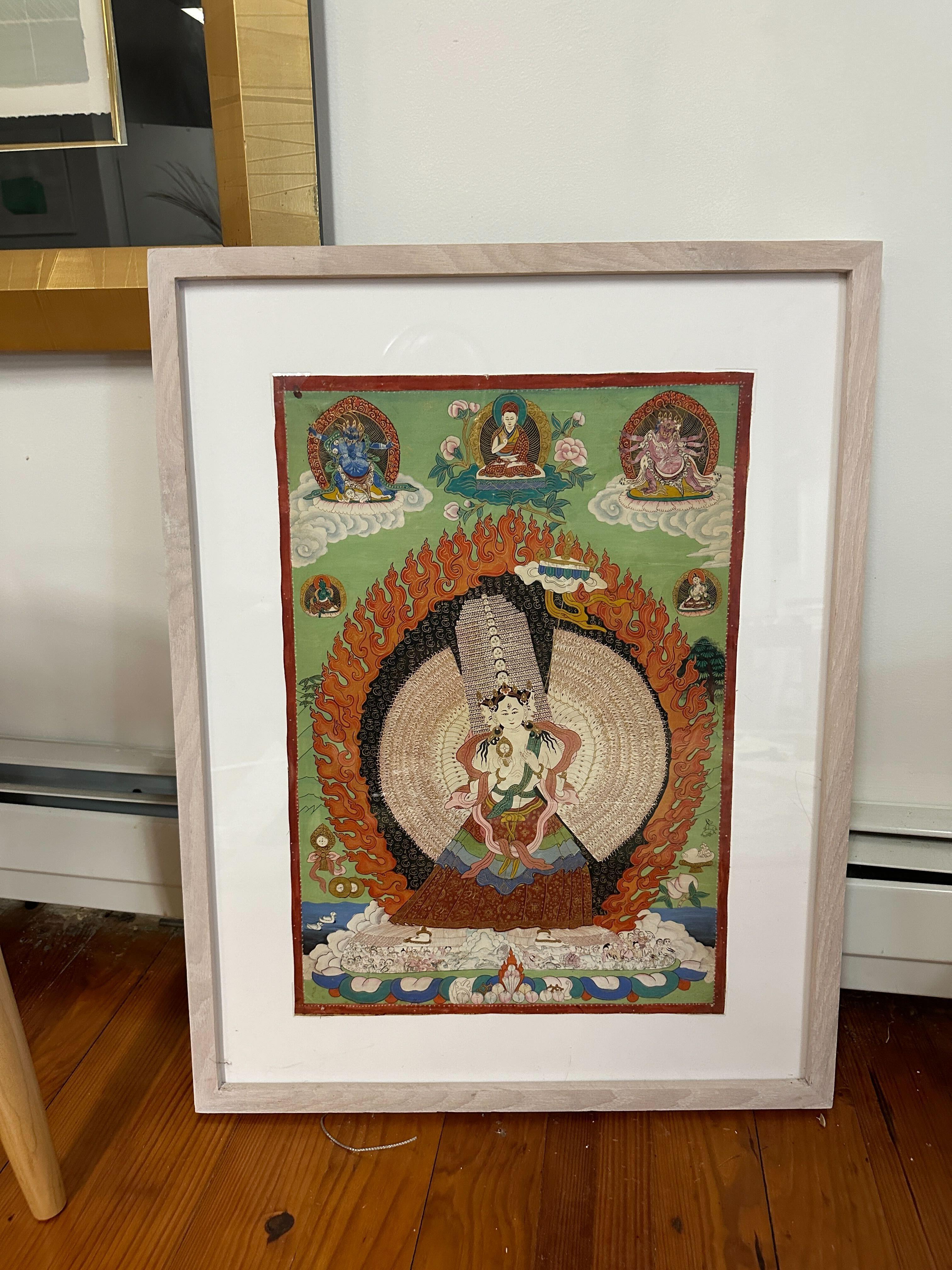 Painted 18th C Tibetan School Buddhist Painting of Sitatapatra For Sale