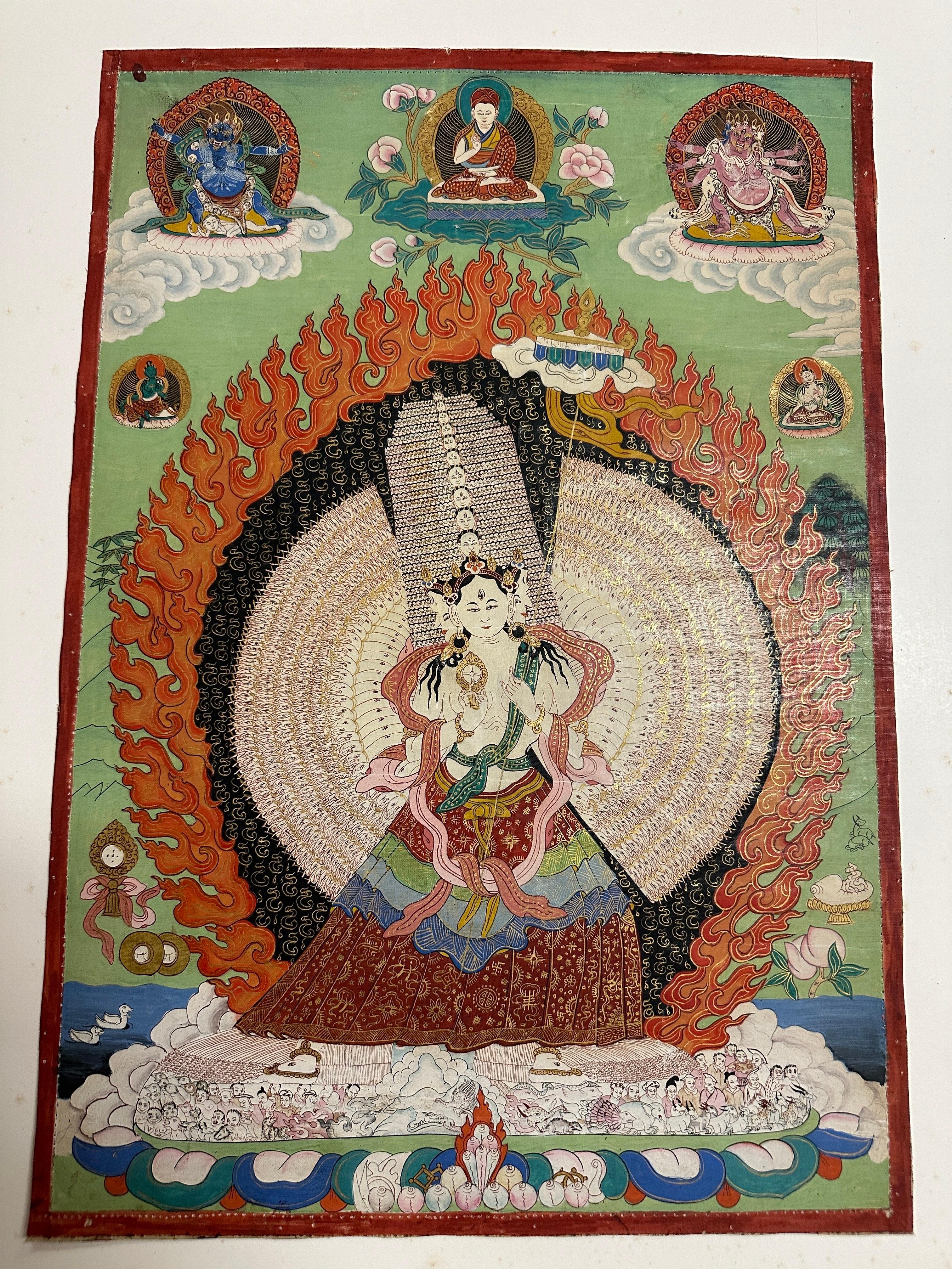 18th Century and Earlier 18th C Tibetan School Buddhist Painting of Sitatapatra For Sale