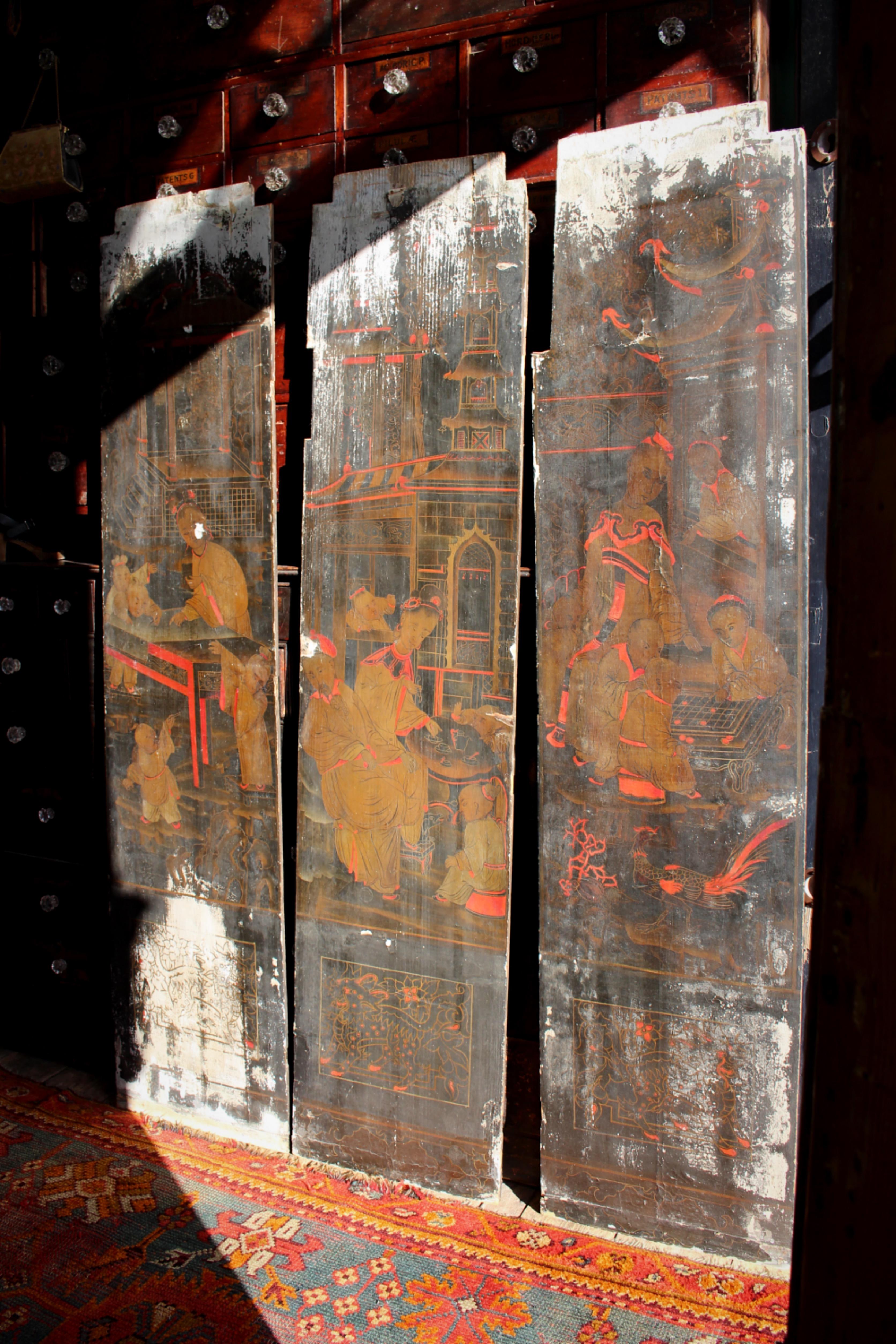 18th C Trio of Large Lacquered Japanned Furniture Panels Faded Grandeur For Sale 4