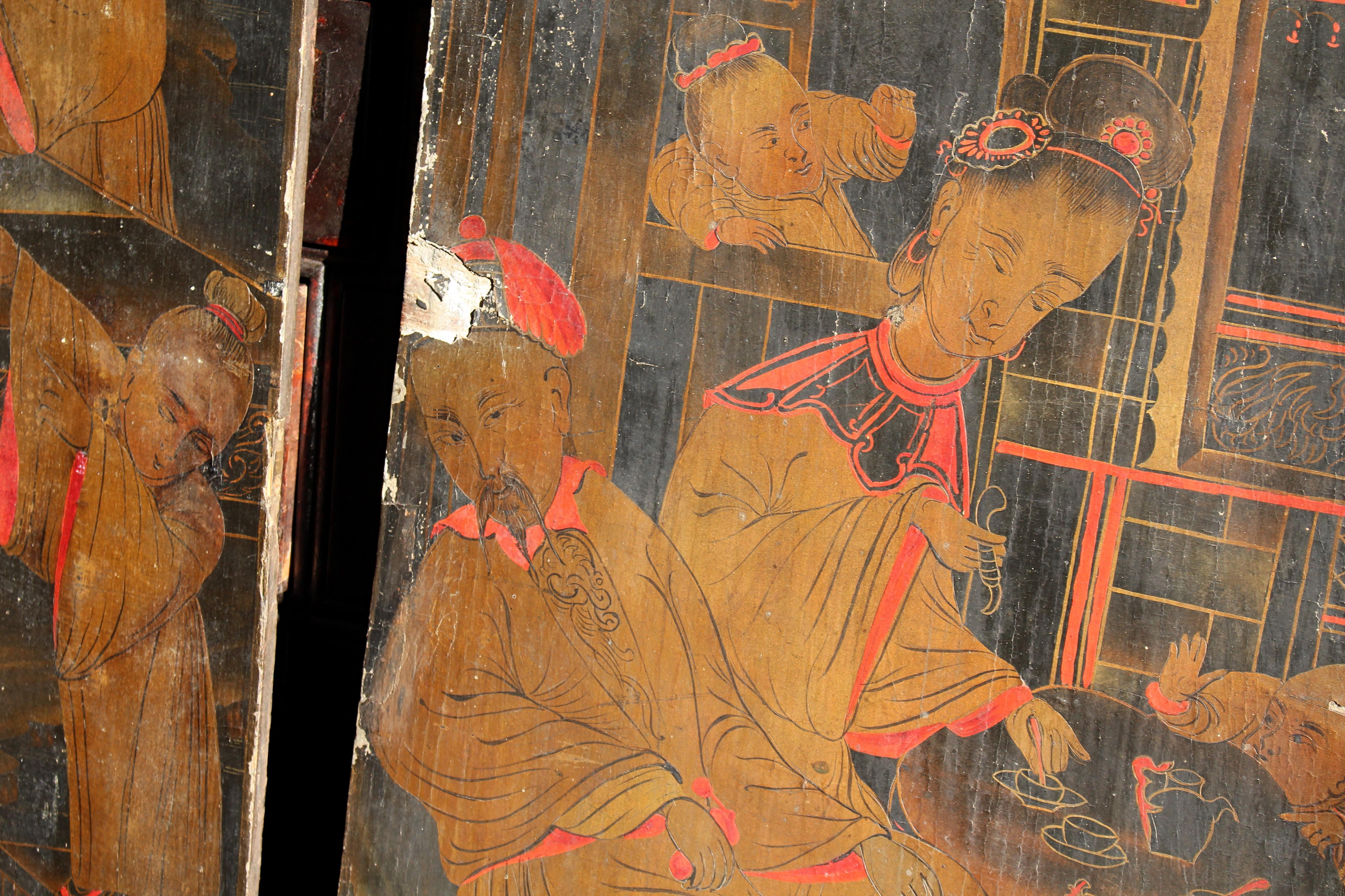 18th C Trio of Large Lacquered Japanned Furniture Panels Faded Grandeur For Sale 7