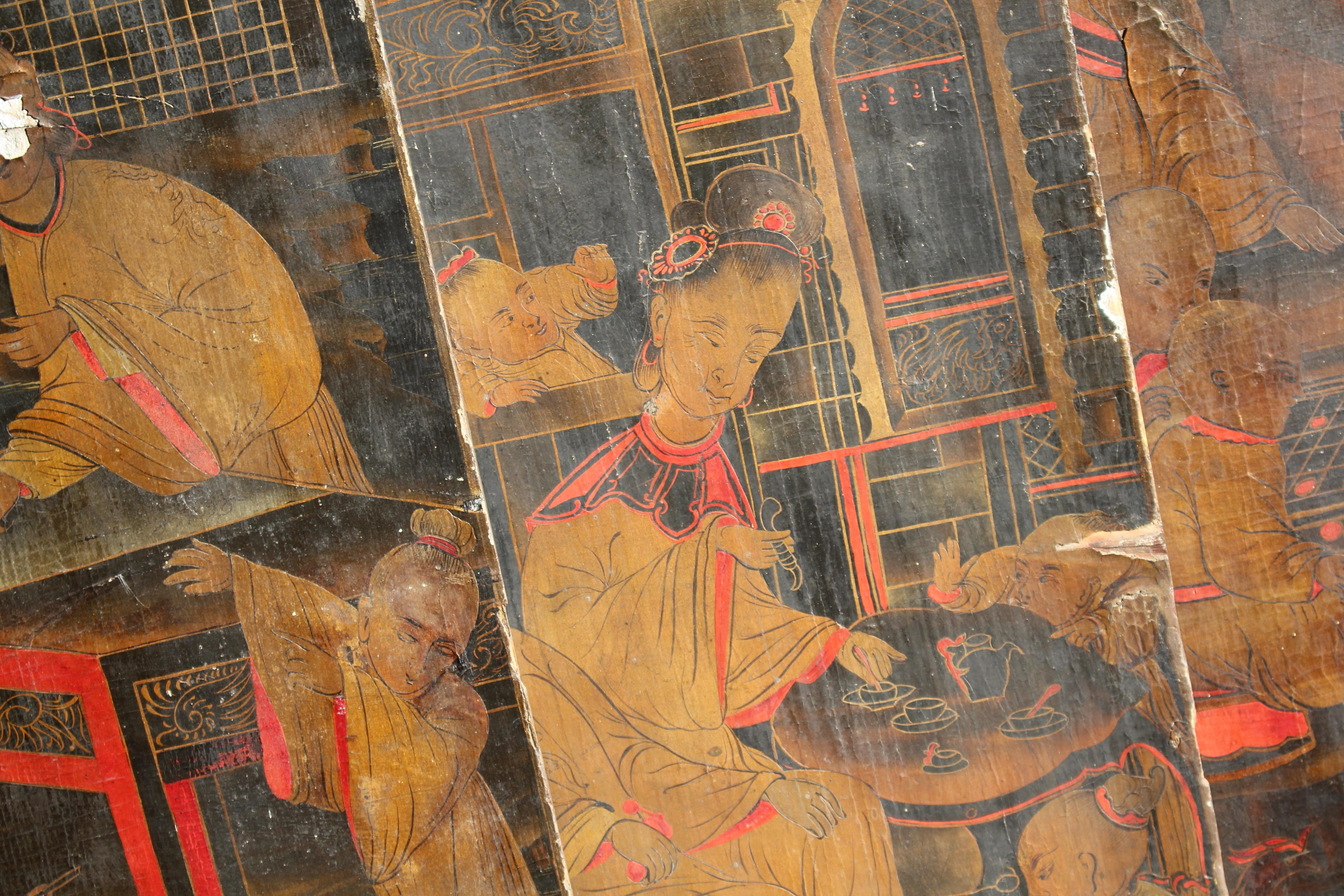 18th C Trio of Large Lacquered Japanned Furniture Panels Faded Grandeur For Sale 9