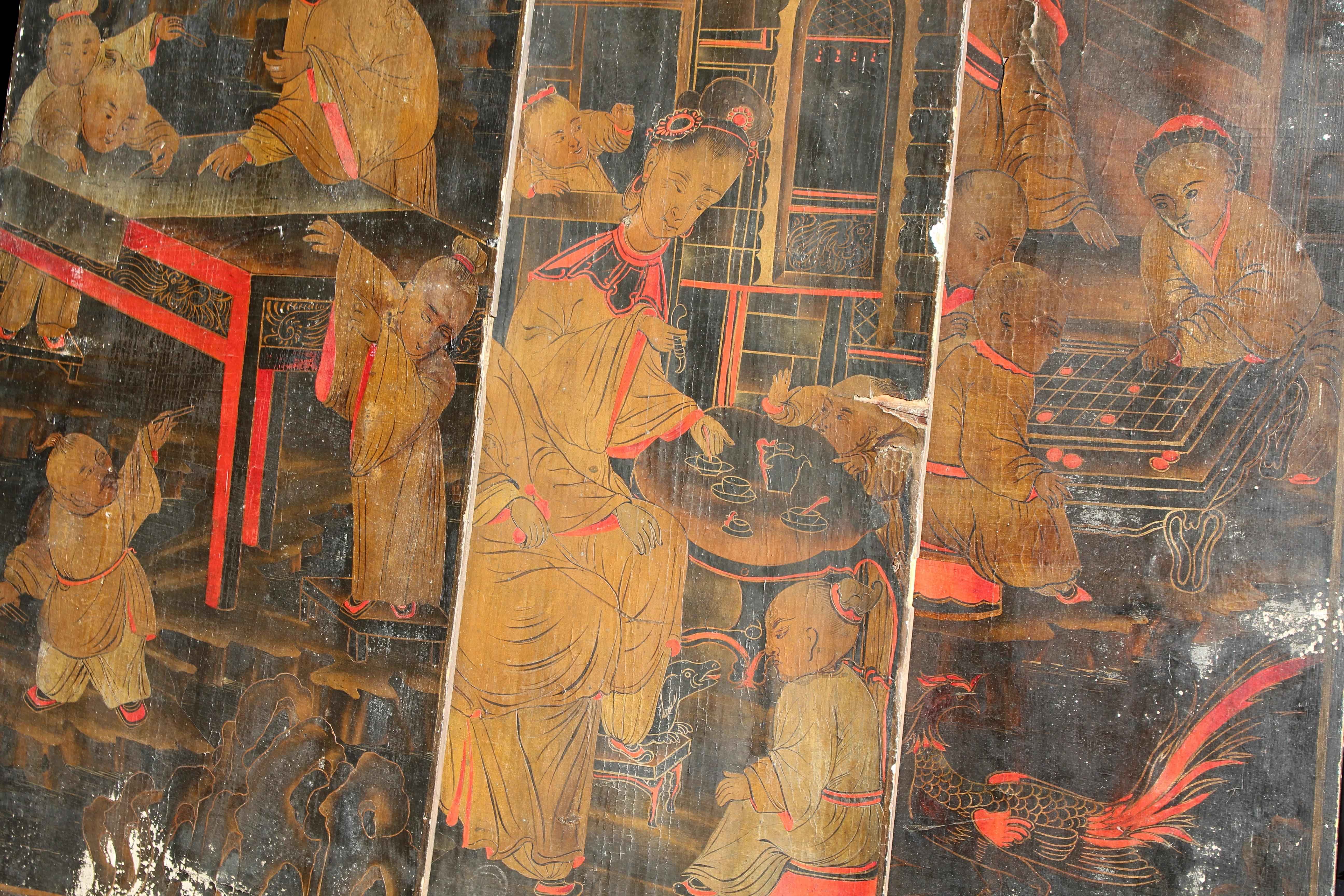 18th C Trio of Large Lacquered Japanned Furniture Panels Faded Grandeur For Sale 10