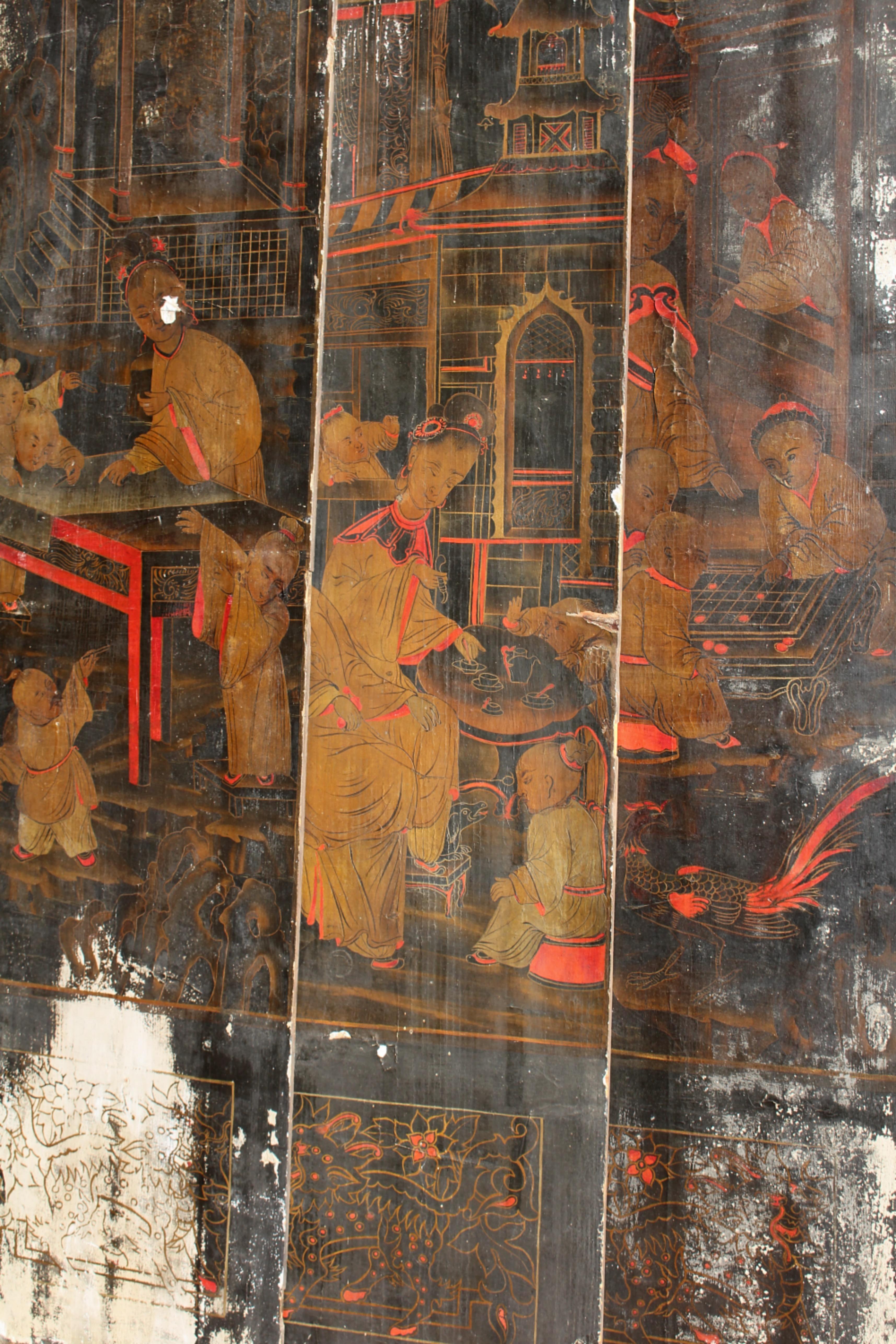 18th C Trio of Large Lacquered Japanned Furniture Panels Faded Grandeur For Sale 11