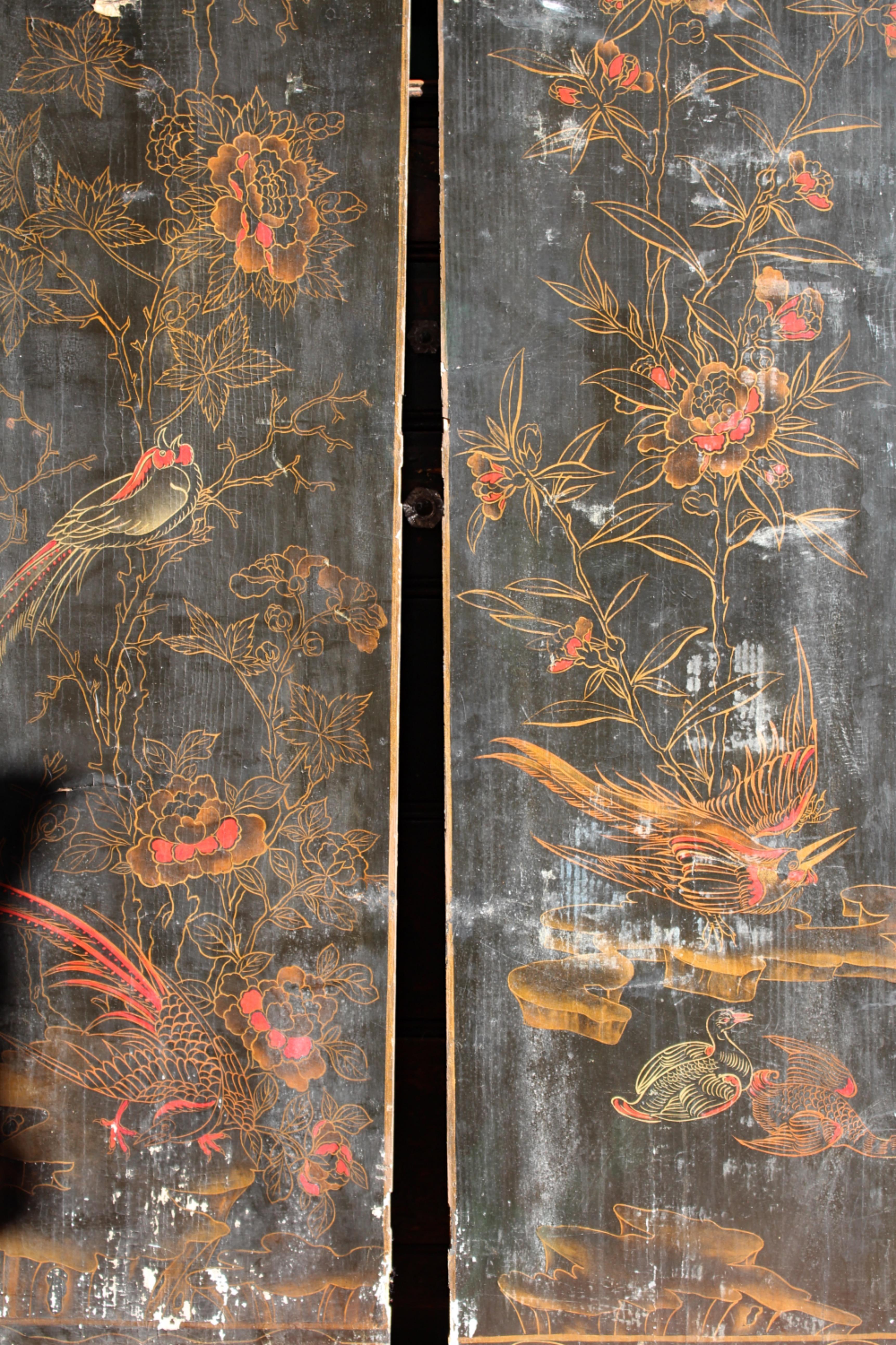 18th C Trio of Large Lacquered Japanned Furniture Panels Faded Grandeur For Sale 12
