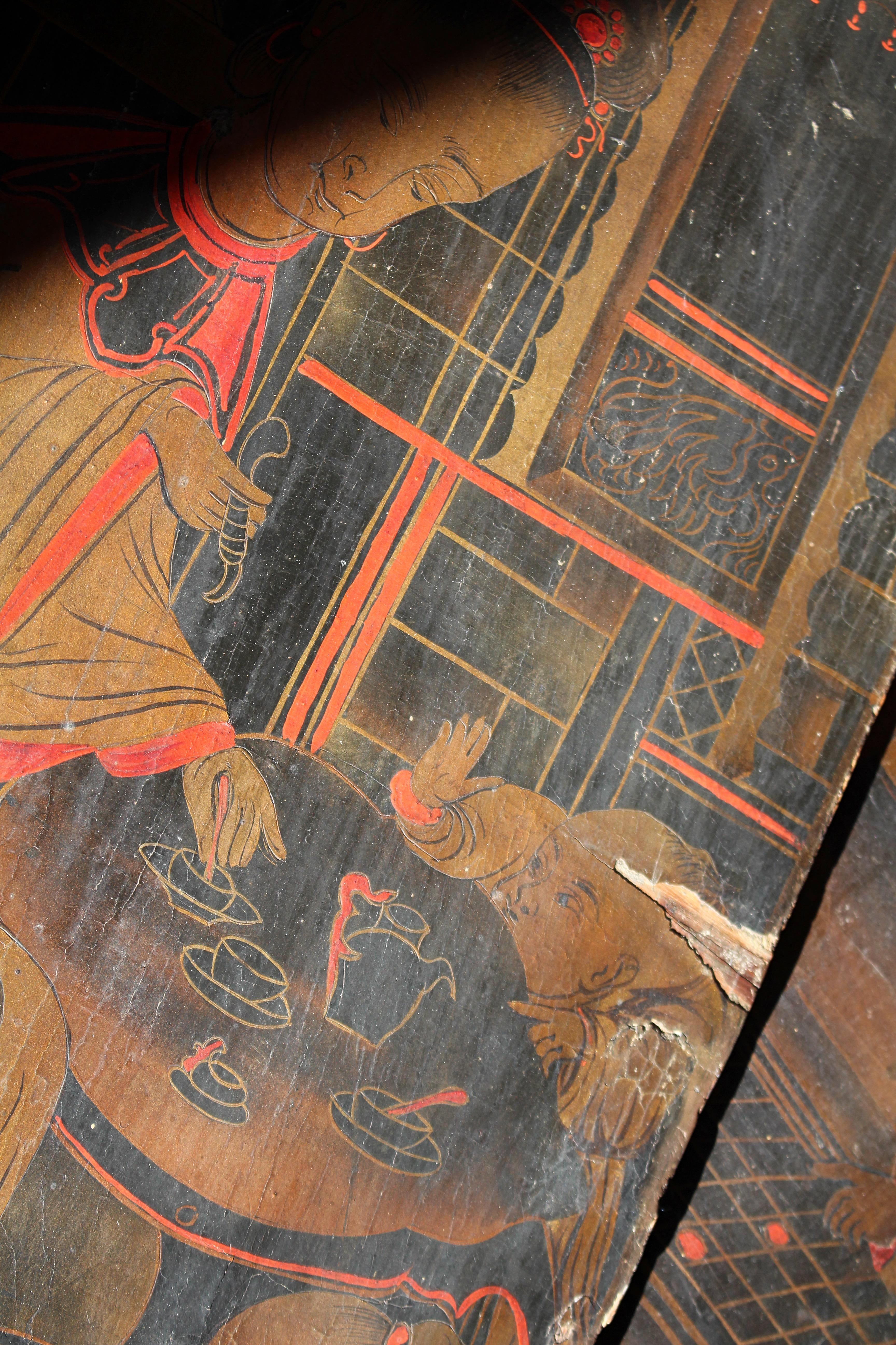  A fabulous trio of large doubled sided pine lacquarded japanned panels, one side showing a typical garden scene with shrubbery, pagodas, birds etc. The other side is decorated with trees and birds.

Likely once part of a large piece of furniture or