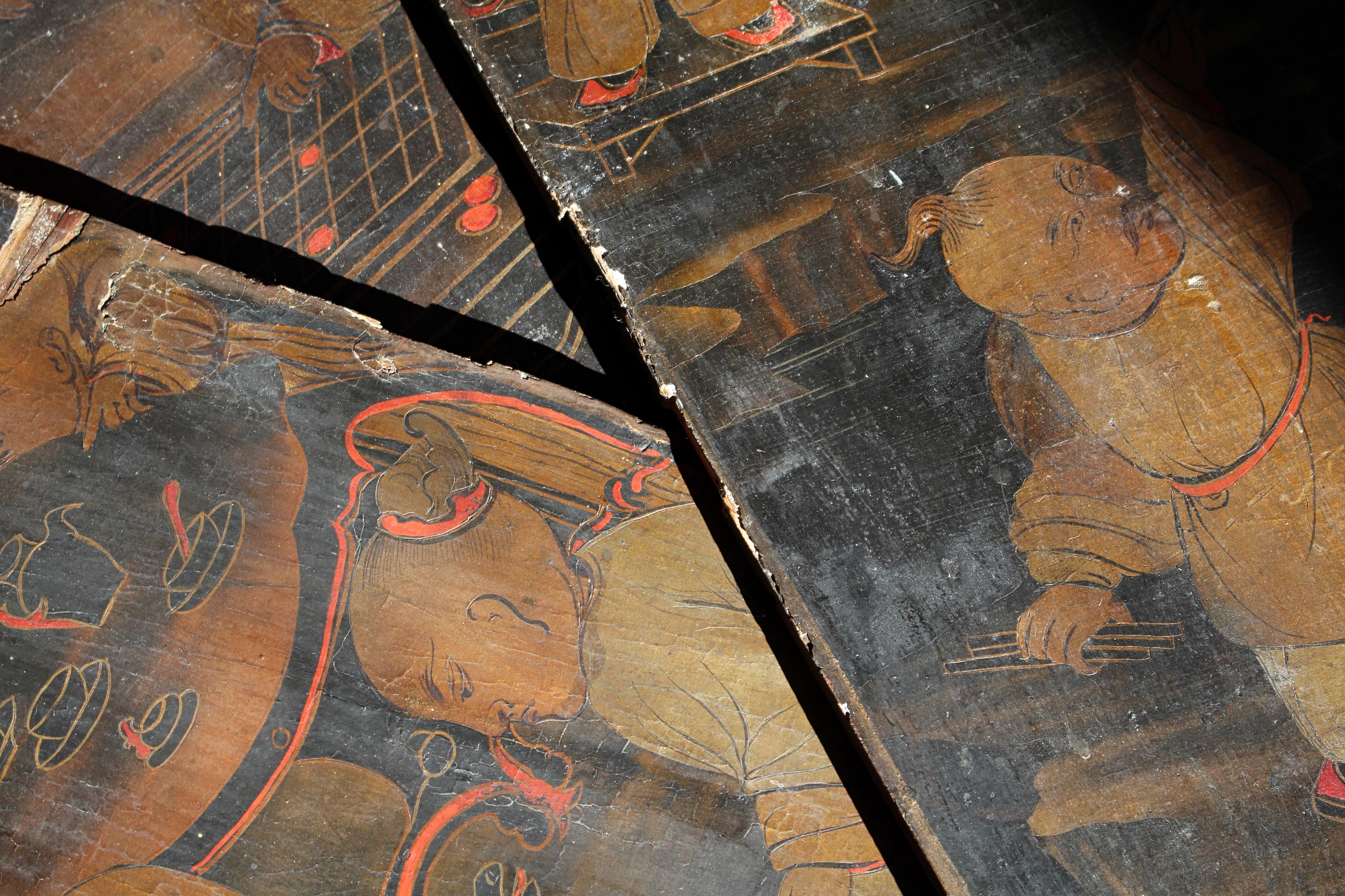 European 18th C Trio of Large Lacquered Japanned Furniture Panels Faded Grandeur For Sale