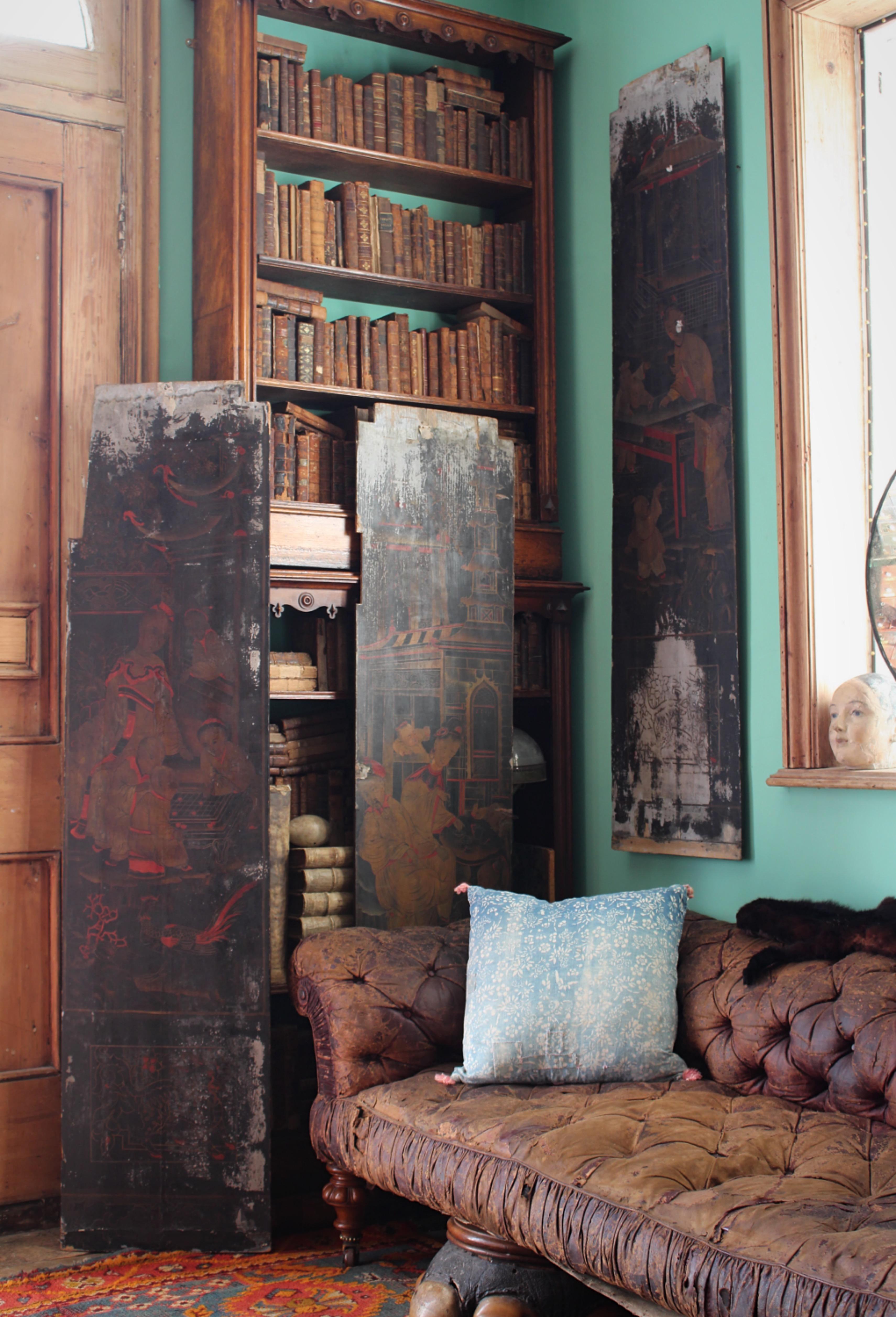 Pine 18th C Trio of Large Lacquered Japanned Furniture Panels Faded Grandeur For Sale