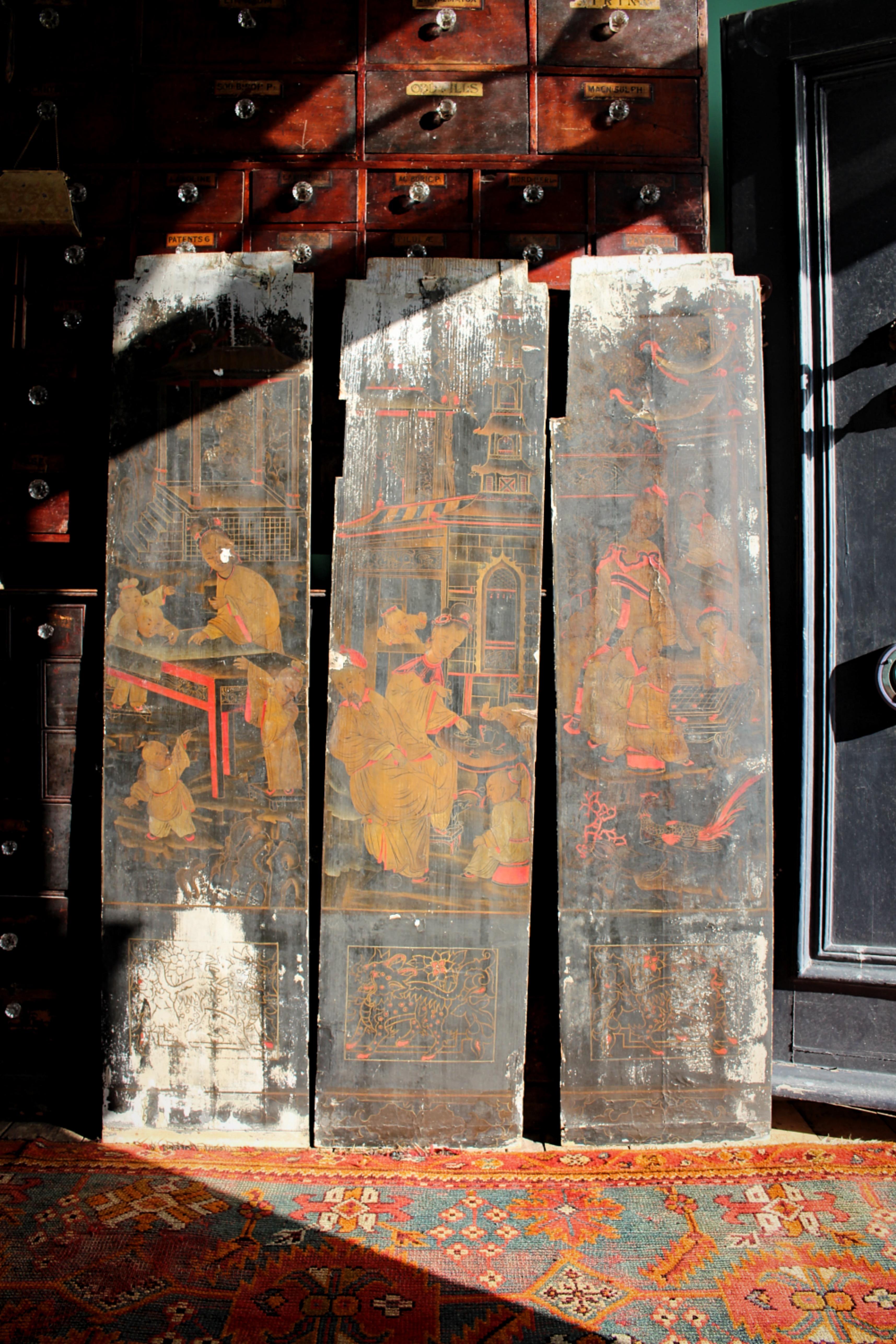 18th C Trio of Large Lacquered Japanned Furniture Panels Faded Grandeur For Sale 1