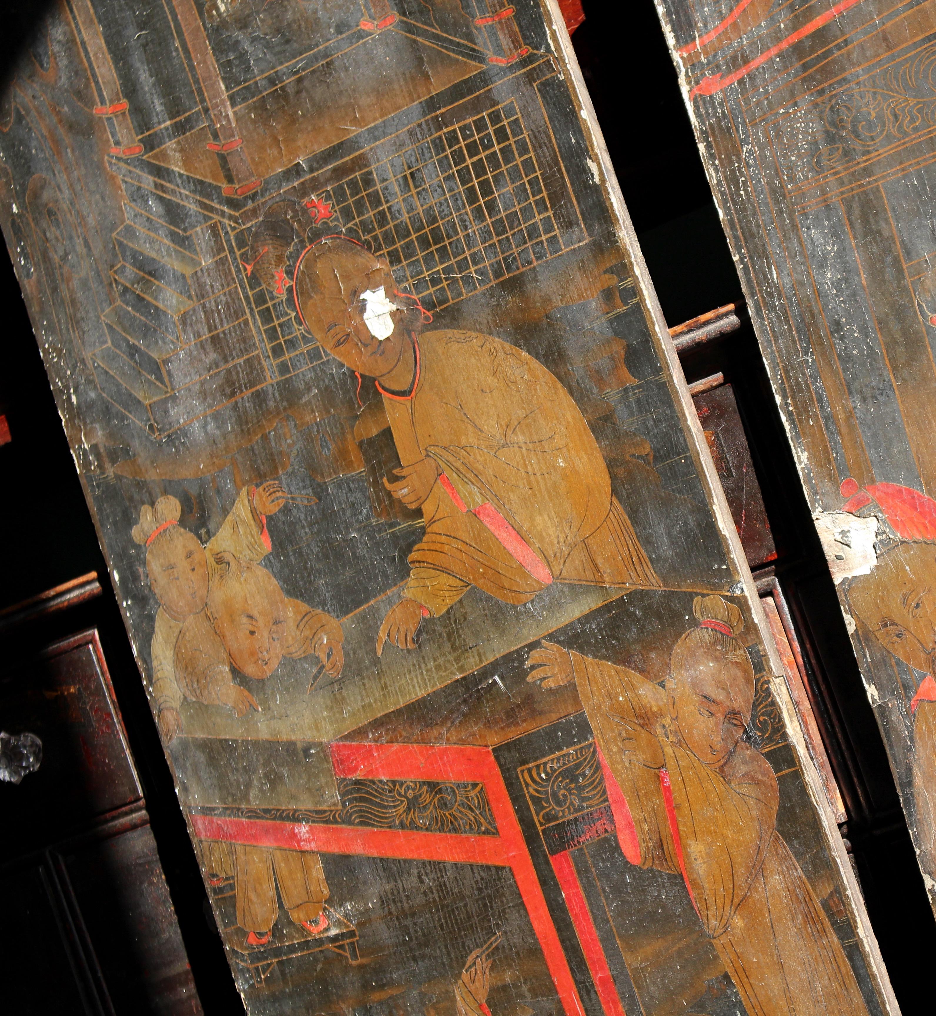 18th C Trio of Large Lacquered Japanned Furniture Panels Faded Grandeur For Sale 3