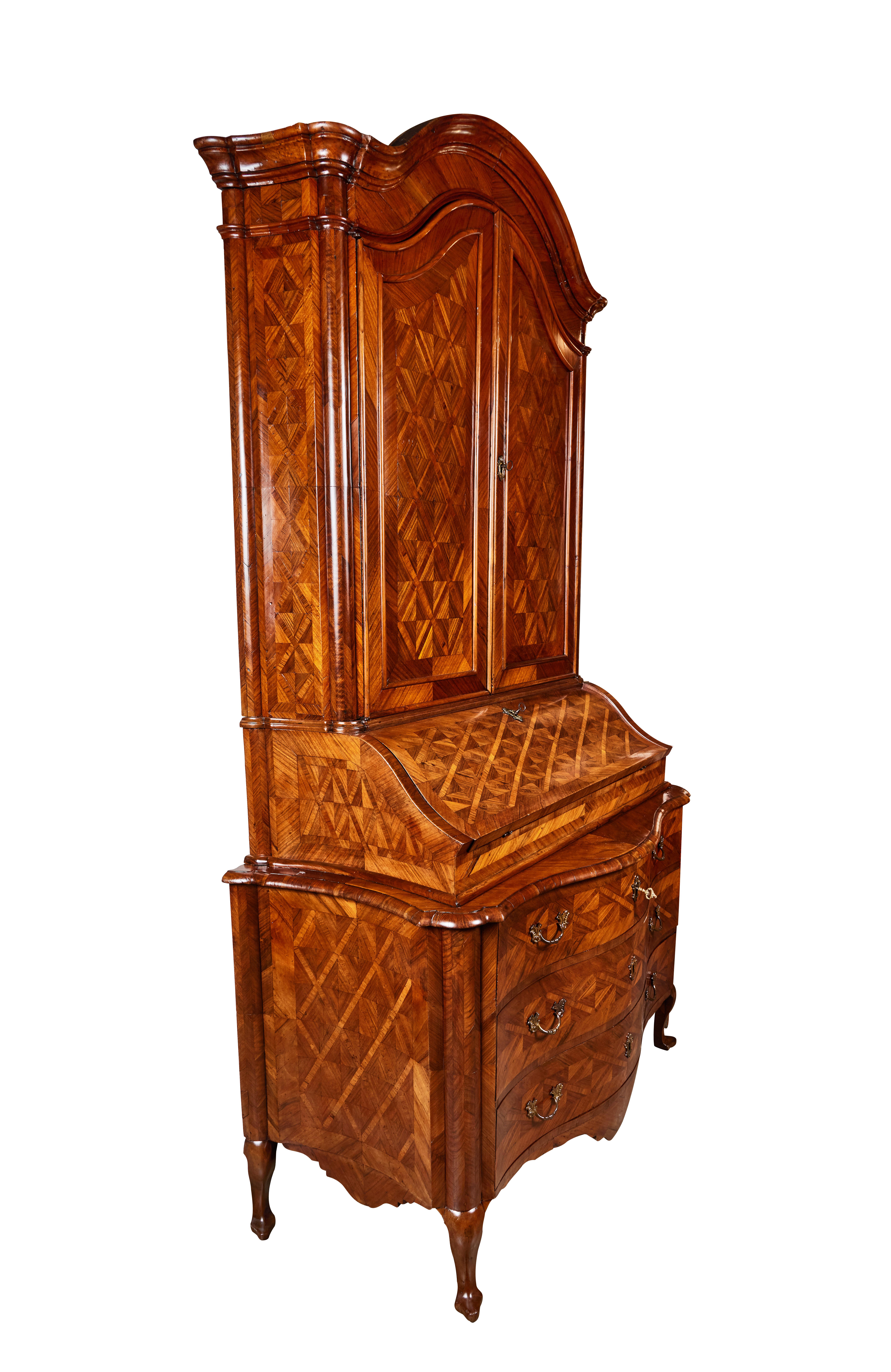 Stunning, hand carved, 18th century, parquetry inlaid and veneered, bonnet top, two-part secretary from the Emilia-Romagna region of Northern Italy. The two-door top cabinet sits above a serpentine, bow-front base featuring a scrolling apron, and