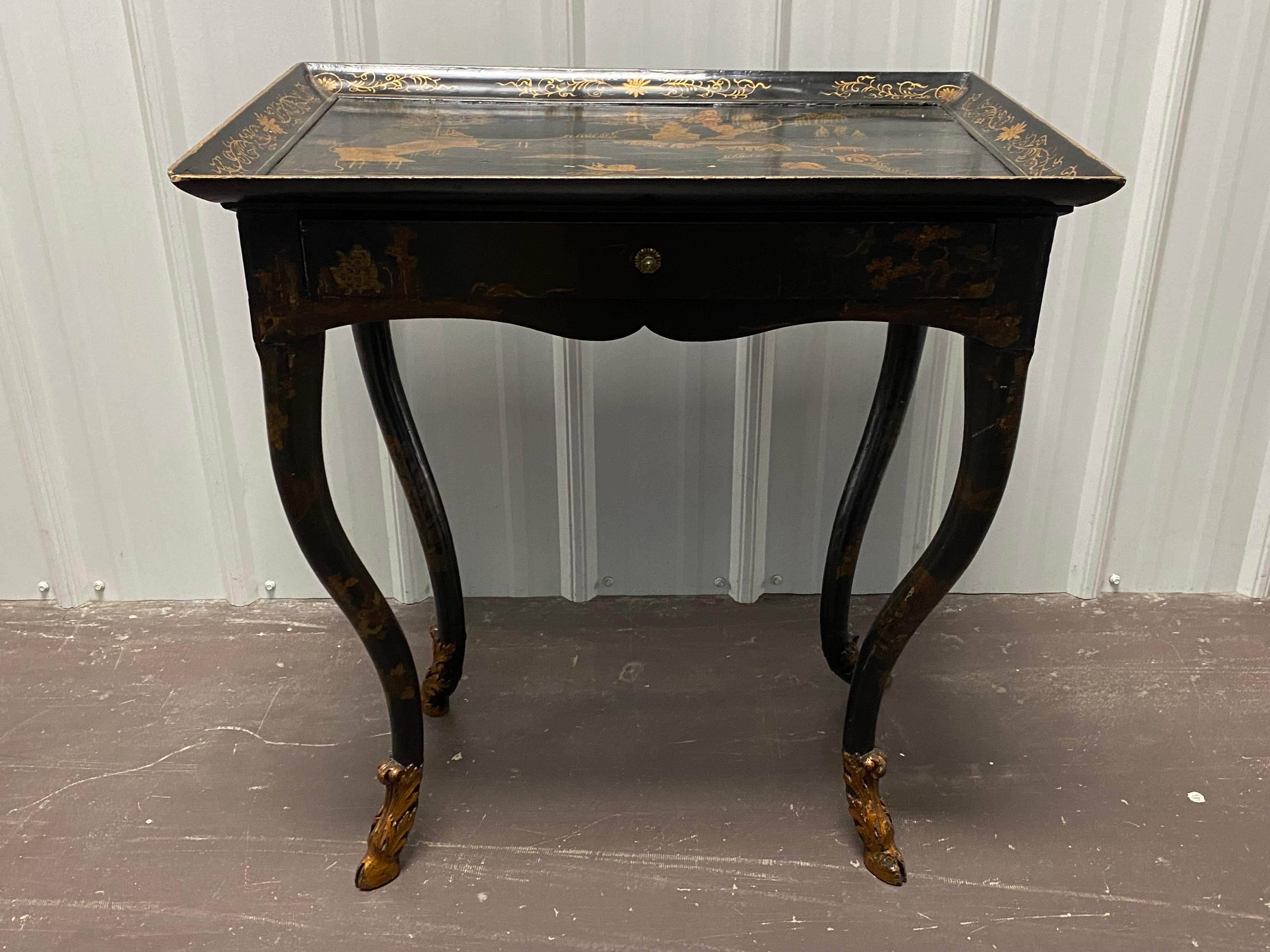 Italian 18th C. Venetian Rococo Black Lacquered Table Sourced by Parish Hadley For Sale