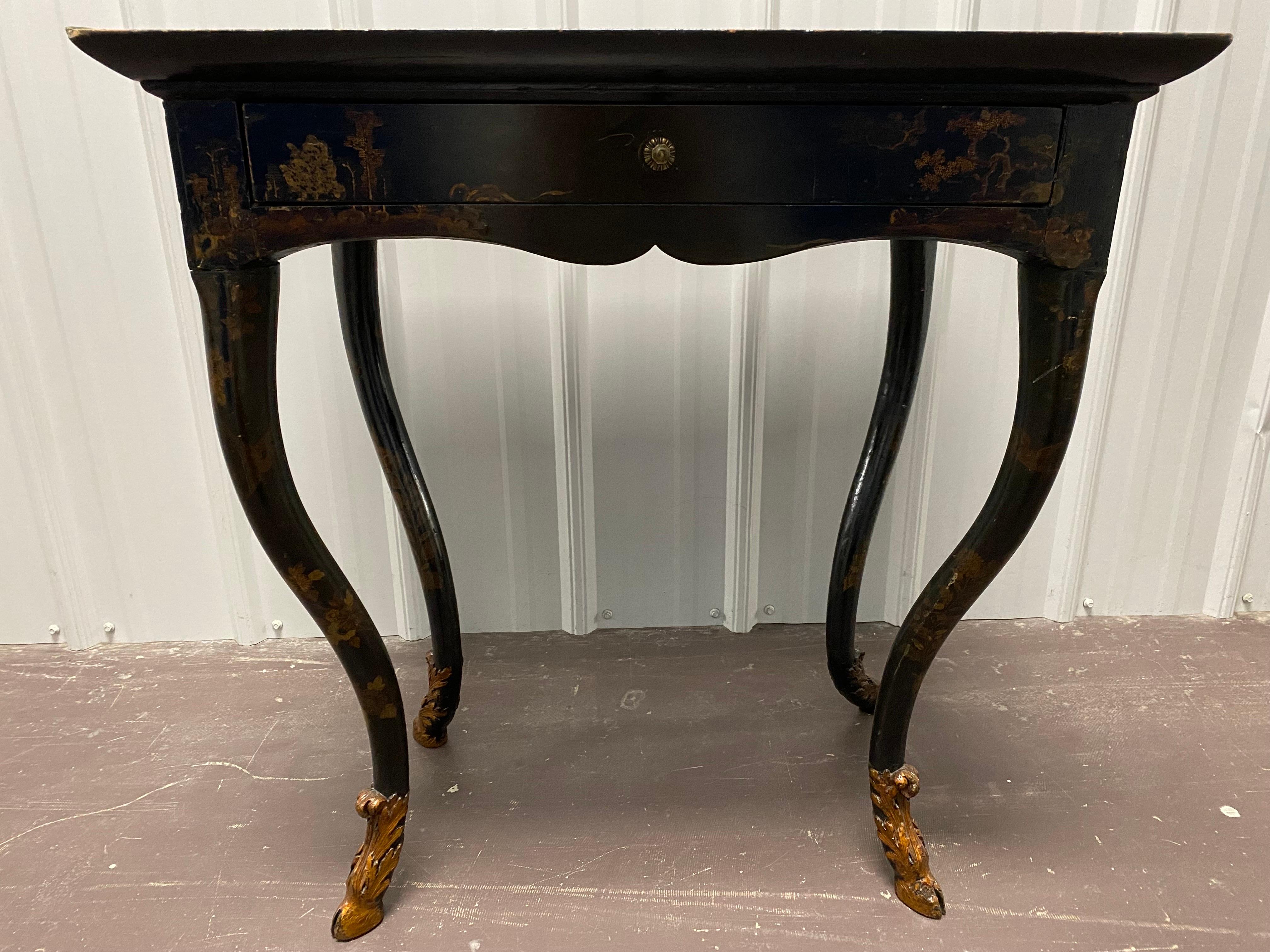 Wood 18th C. Venetian Rococo Black Lacquered Table Sourced by Parish Hadley For Sale