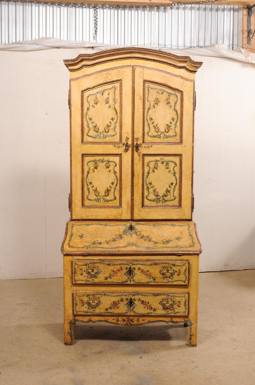 18th C. Venetian Tall Secretary Cabinet with Beautiful Hand-Painted Finish For Sale 6