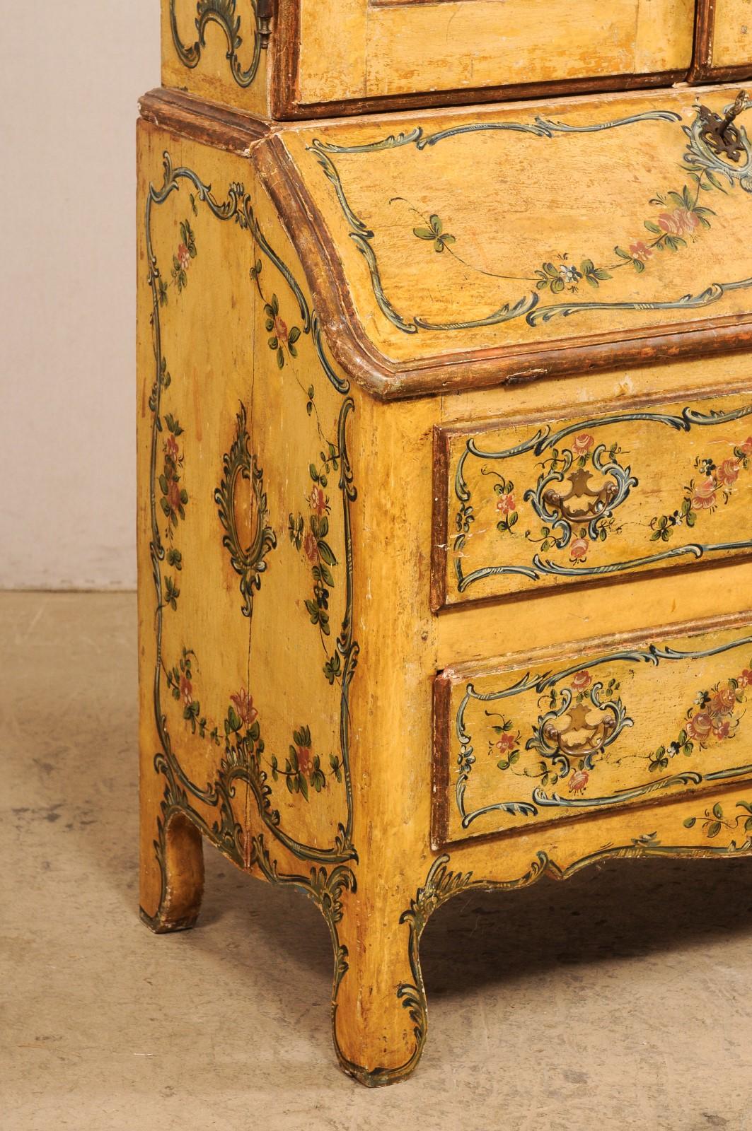 Italian 18th C. Venetian Tall Secretary Cabinet with Beautiful Hand-Painted Finish For Sale