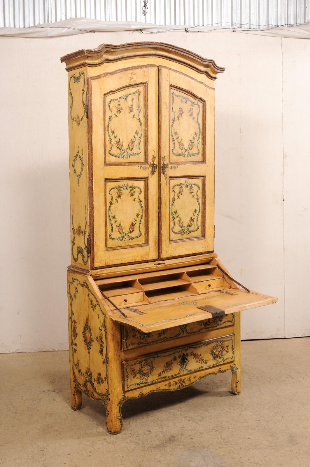 18th Century and Earlier 18th C. Venetian Tall Secretary Cabinet with Beautiful Hand-Painted Finish For Sale
