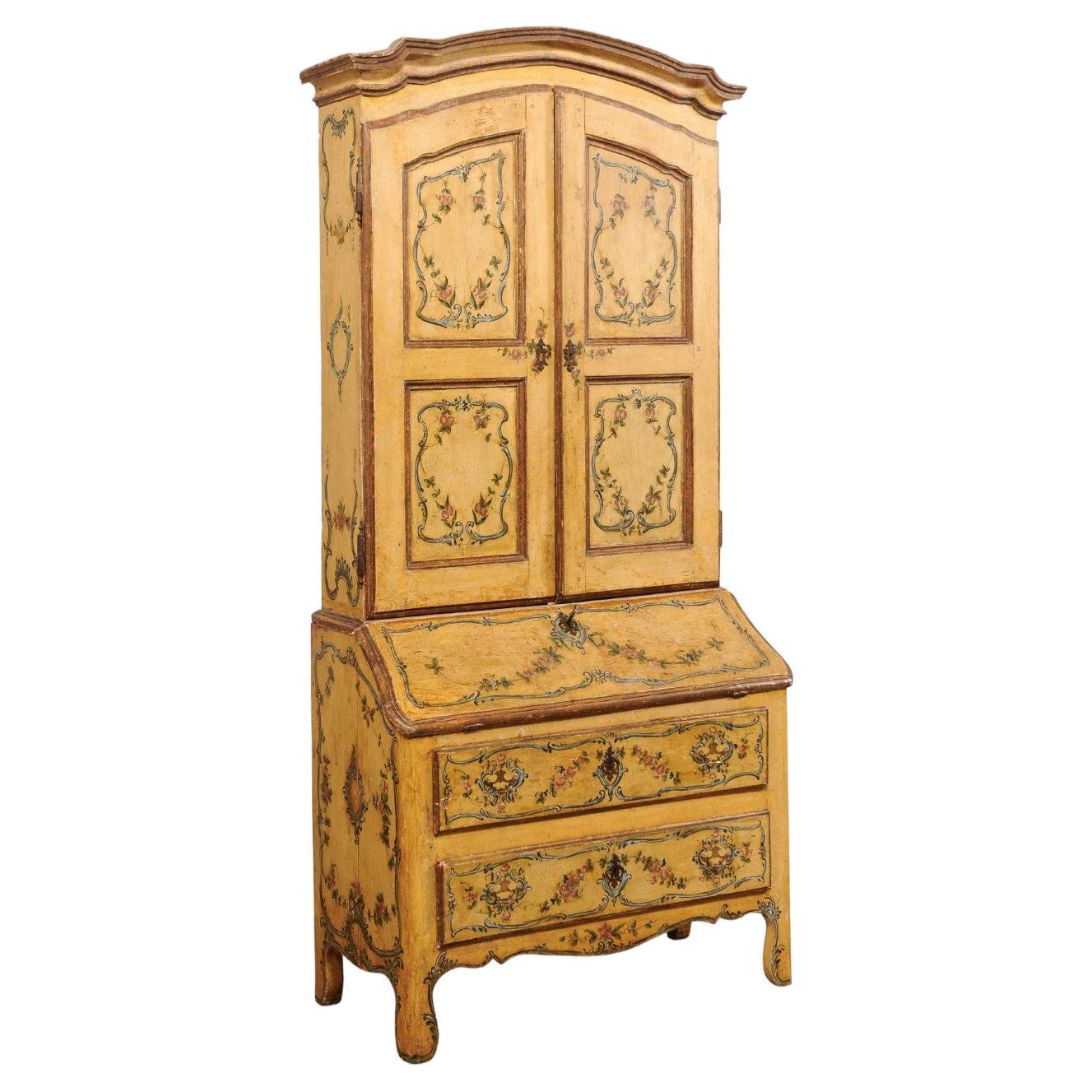 18th C. Venetian Tall Secretary Cabinet with Beautiful Hand-Painted Finish For Sale