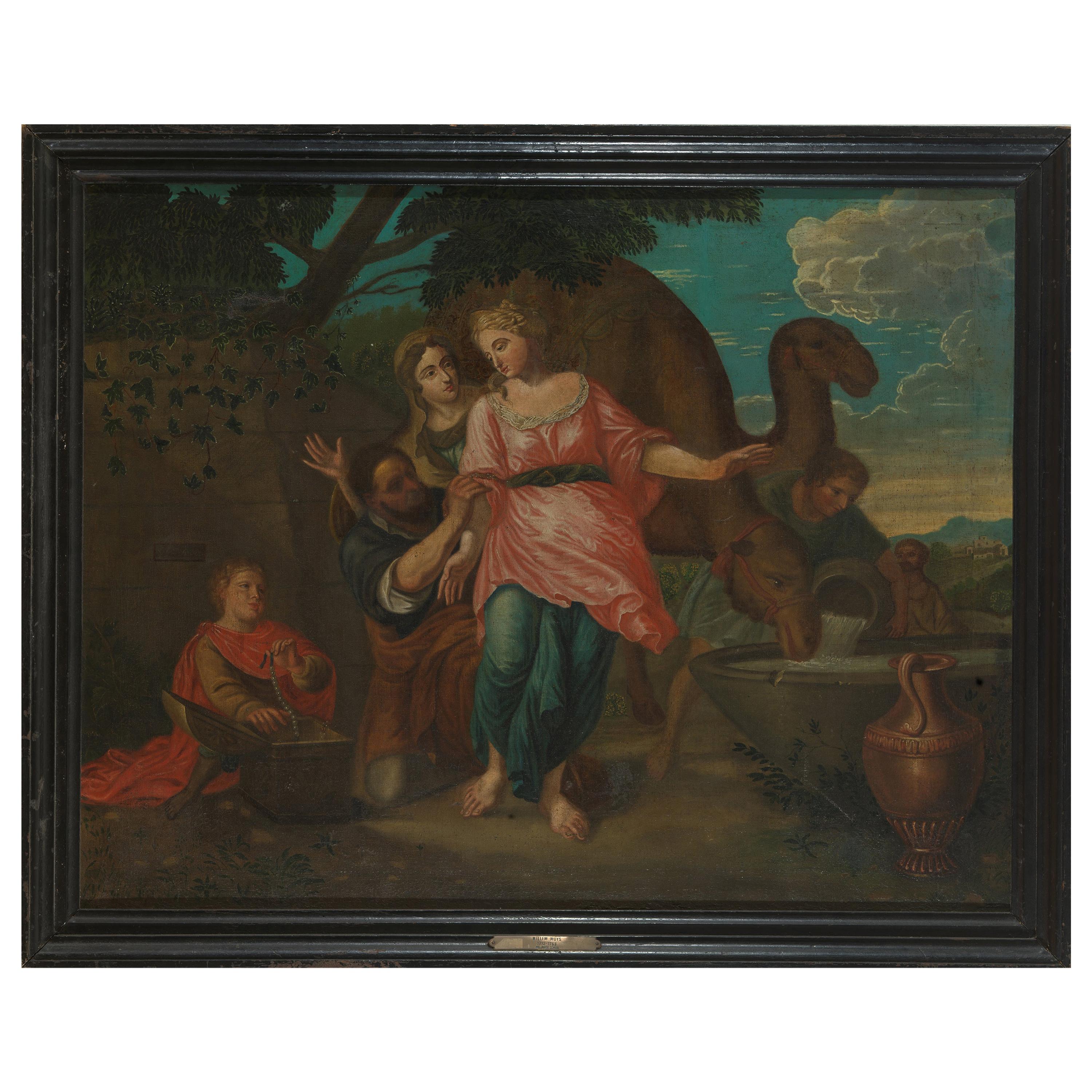 18th Century, Willem Muys, Rebekka and Eliëzer at the Water Source, Oil on For Sale
