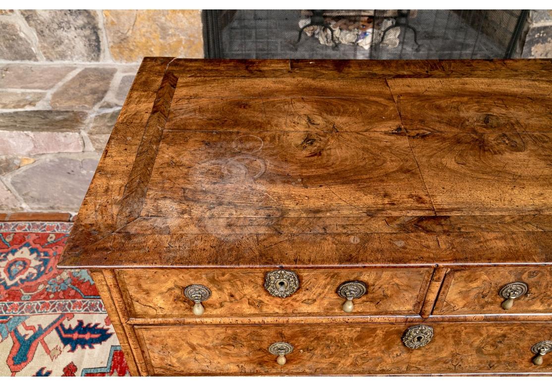 A rare and handsome two-over-three William and Mary Chest in rich Burl Wood. The Chest has decorative banded dove-tail construction drawers with Regal time-worn brass drop pulls and Heraldic Escutcheons with crowned Lion and Unicorn. The case with 