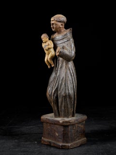 18th Century Wooden Polychromed Sculpture of Saint Anthony Carrying Jesus