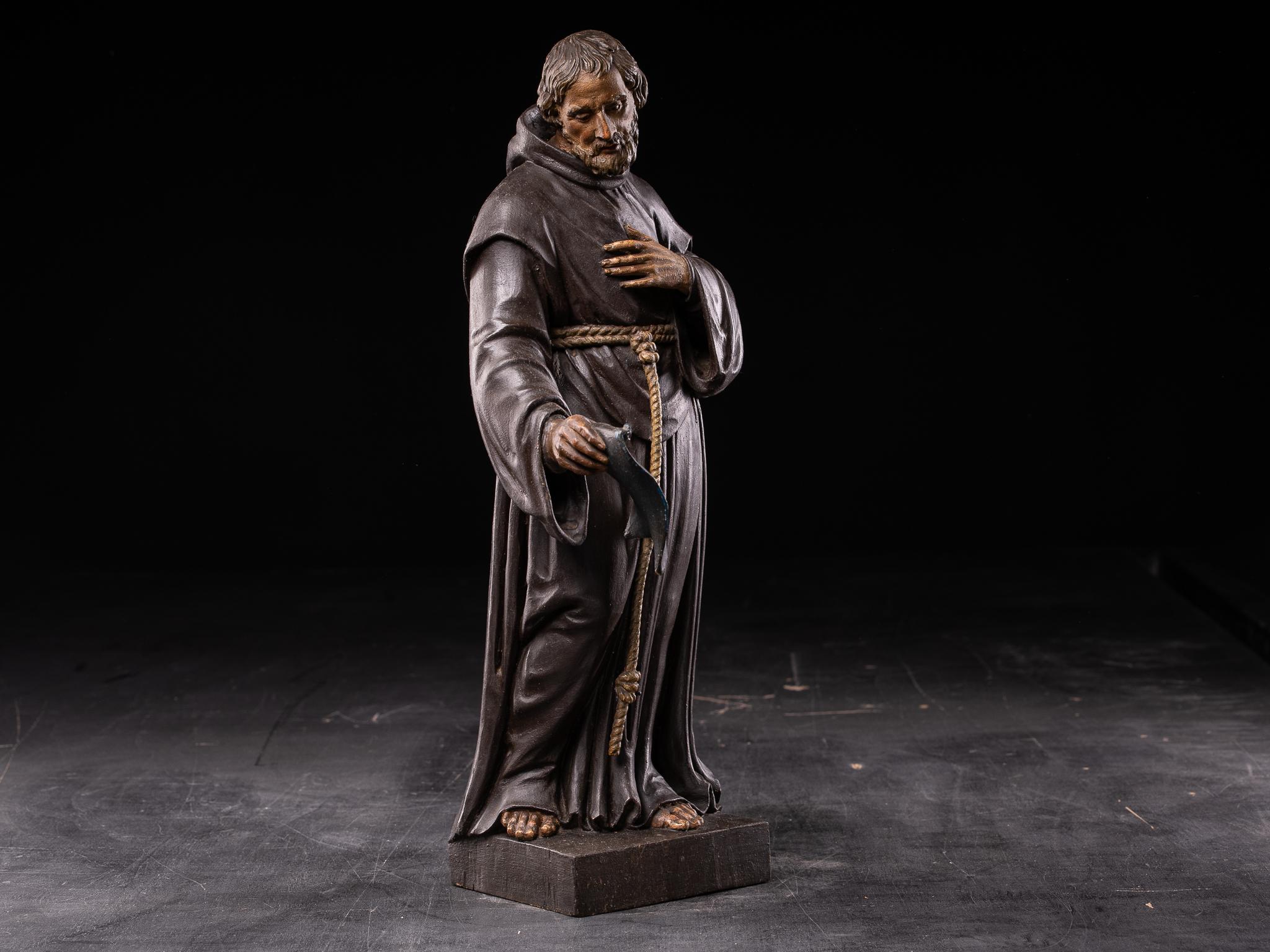 Hand-Crafted 18th C Wooden Sculpture of Francis of Paola For Sale